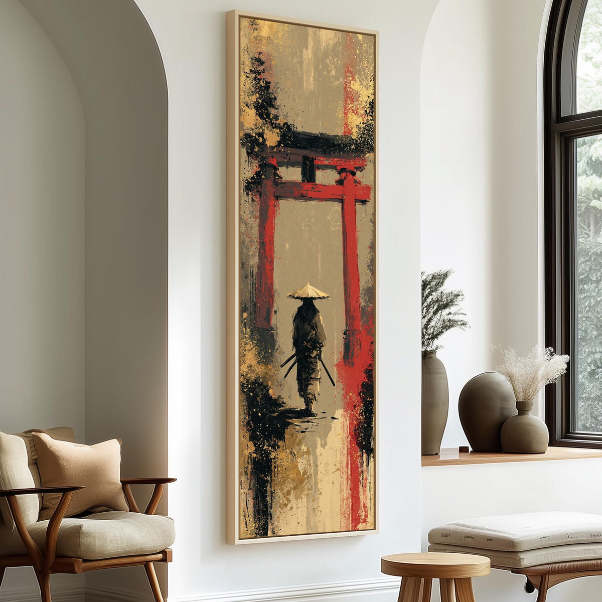 Samurai walking under a red torii gate tall skinny canvas print in a sunlit living space