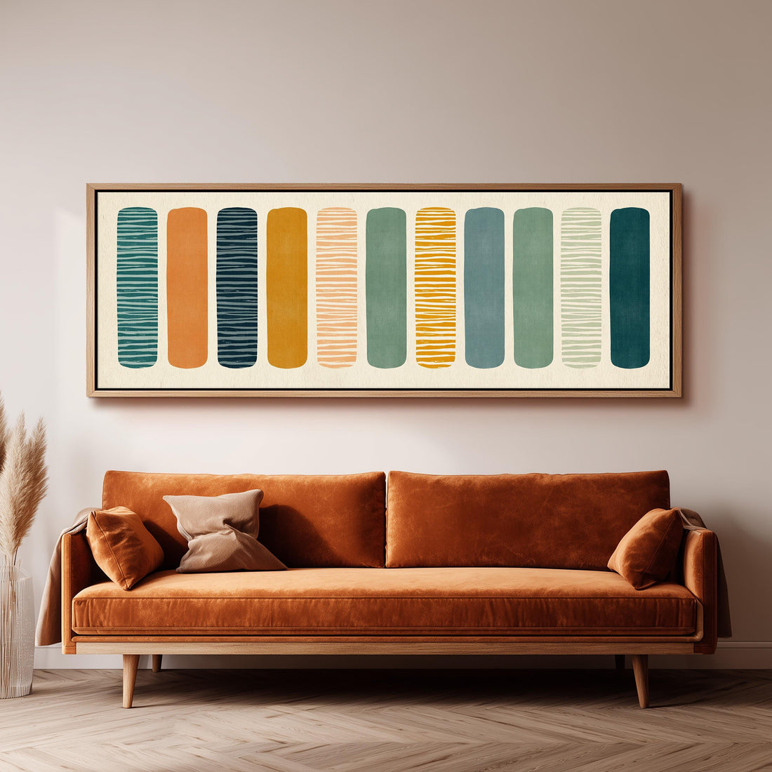 Striped fabric swatches in earthy colors long horizontal canvas print above a sofa in a living room