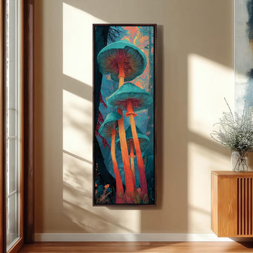 a large, colorful painting of mushrooms hanging on a wall in a room.
