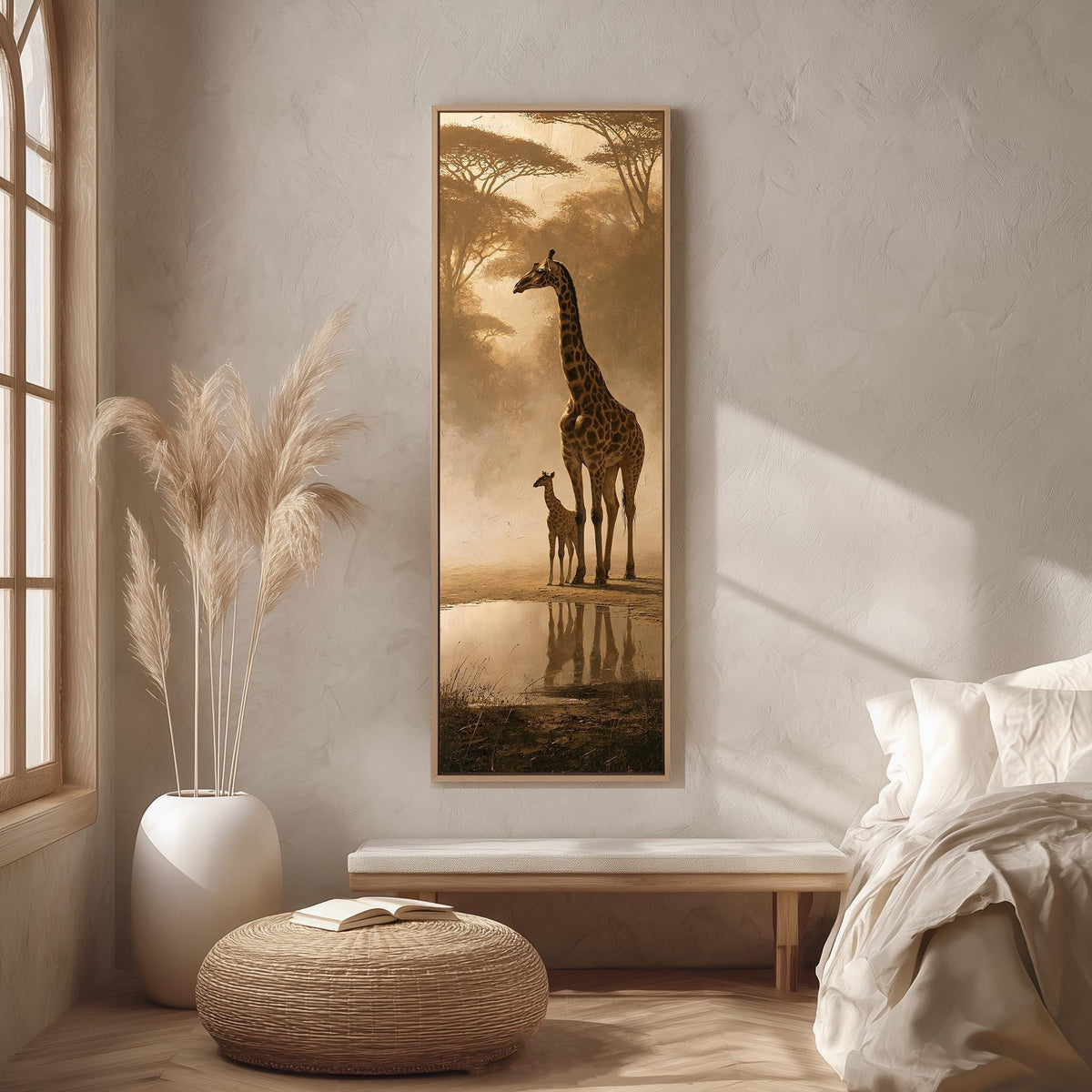 Giraffe and calf at a misty waterhole long vertical canvas print in a bright reading corner
