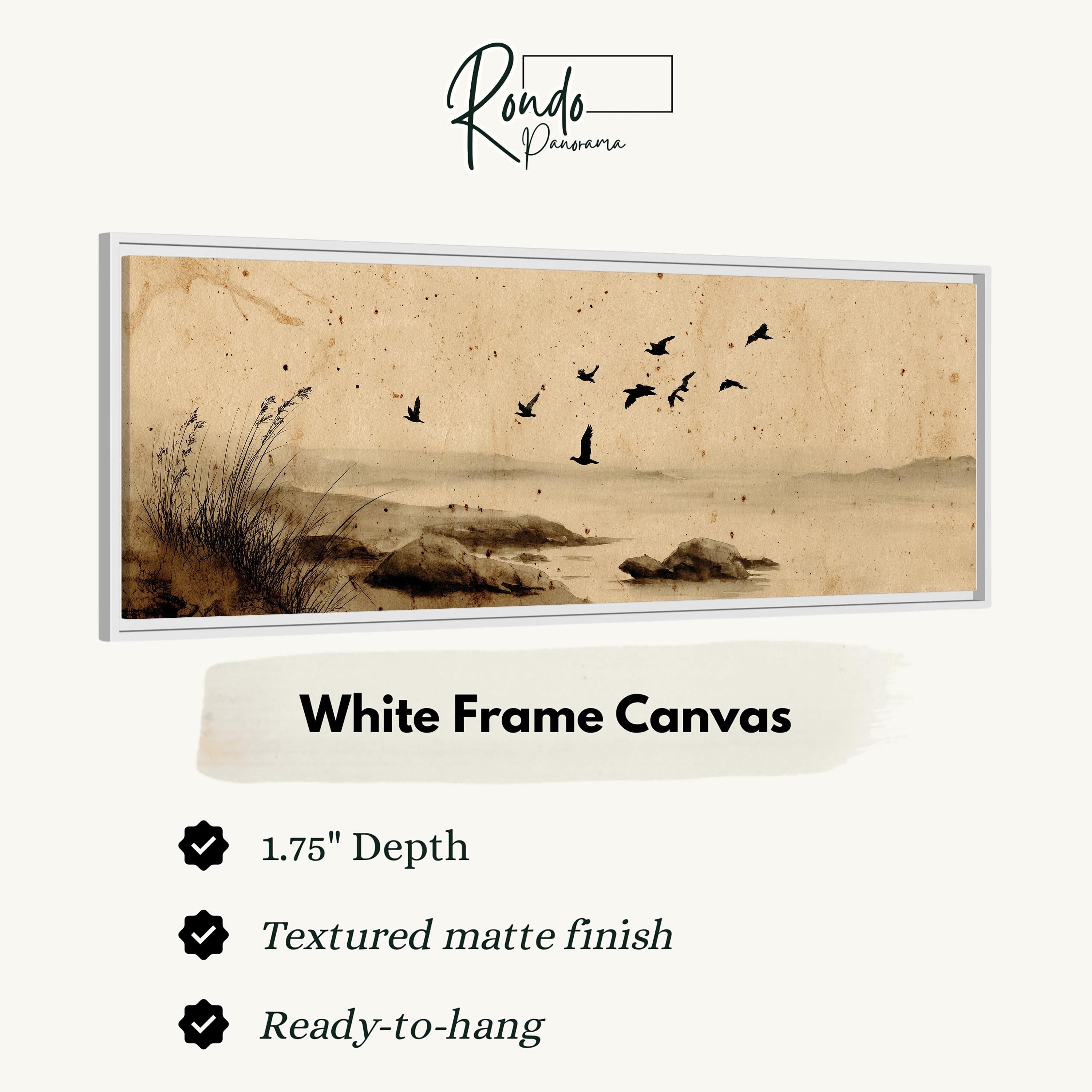 The image is a white frame canvas depicting a serene landscape with a flock of birds flying over a body of water.
