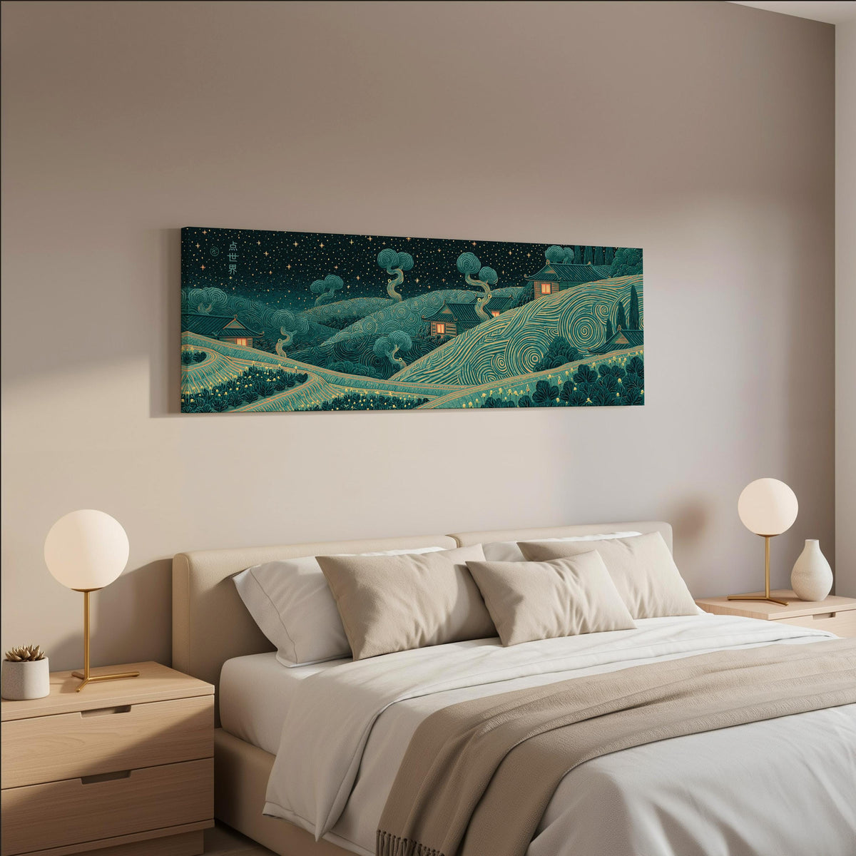 Village on swirling hills at night wide panoramic canvas print above a bed in a neutral bedroom