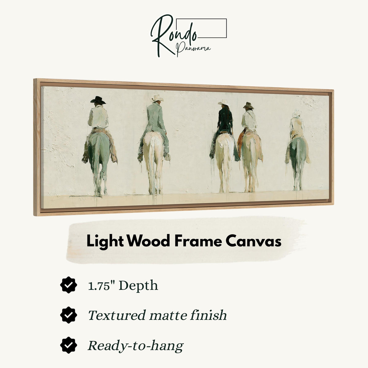 Riders on horseback seen from behind canvas print in a light wood floating frame