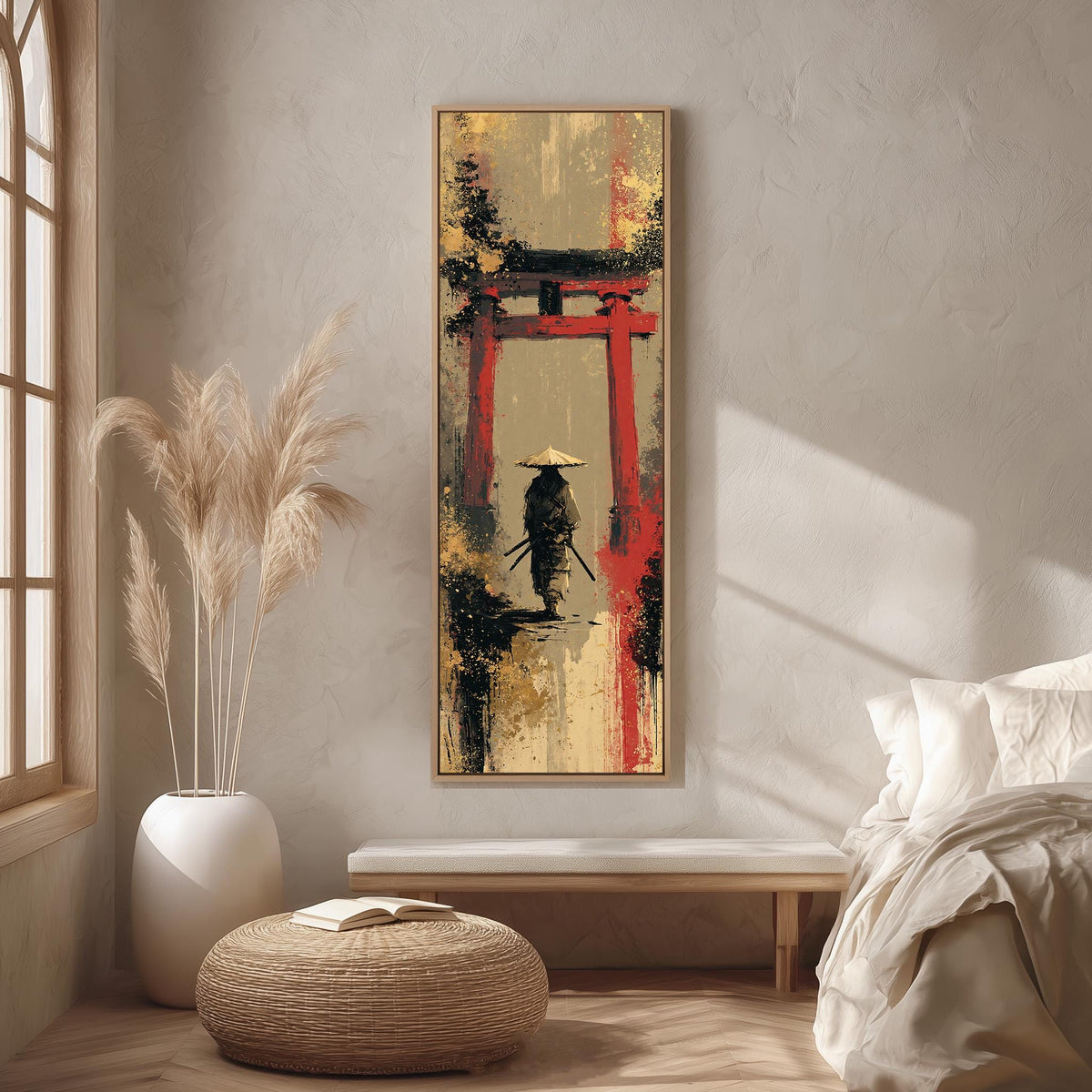 Samurai walking under a red torii gate long vertical canvas print in a bright reading corner