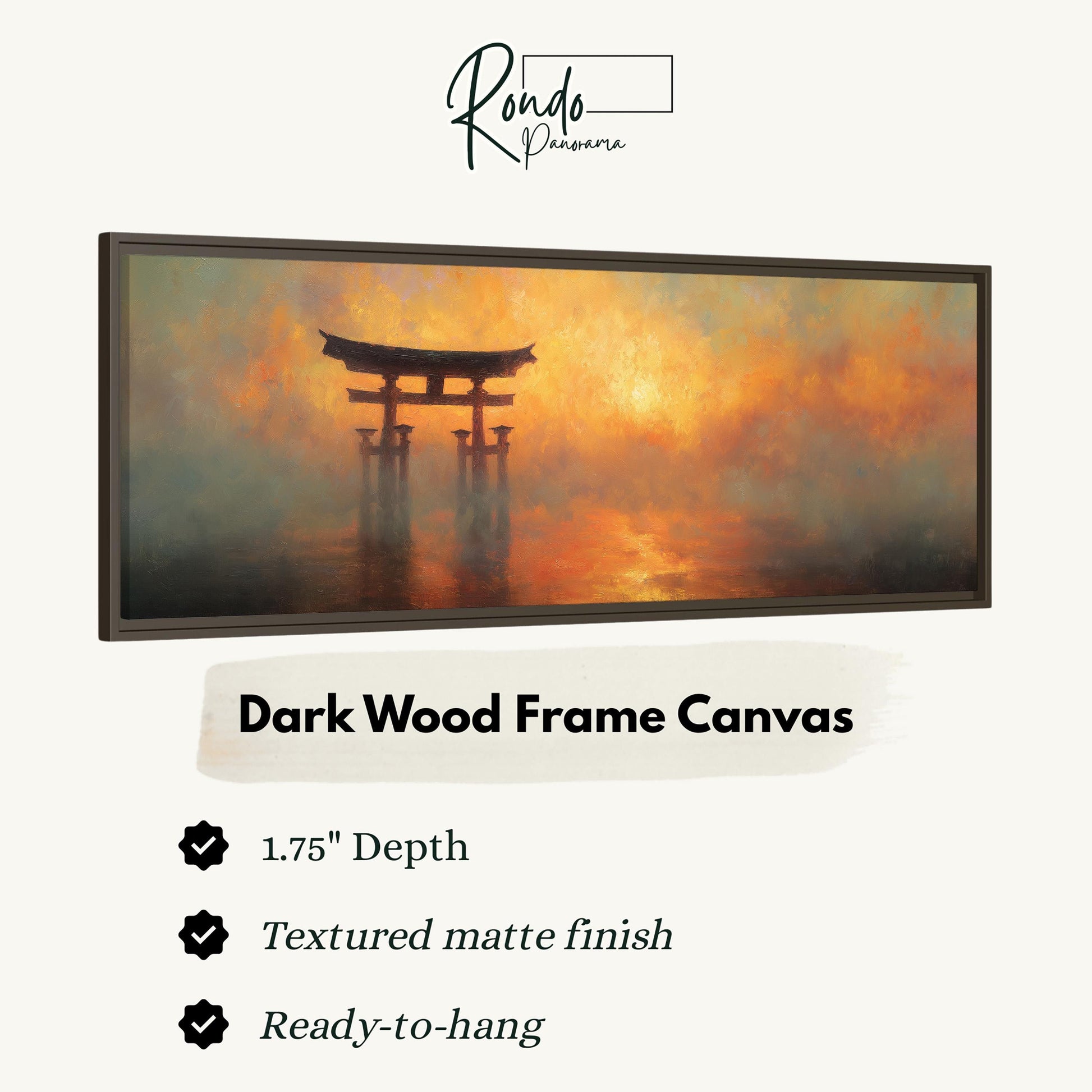 The image is a dark wood frame canvas depicting a torii gate in a misty, hazy landscape.