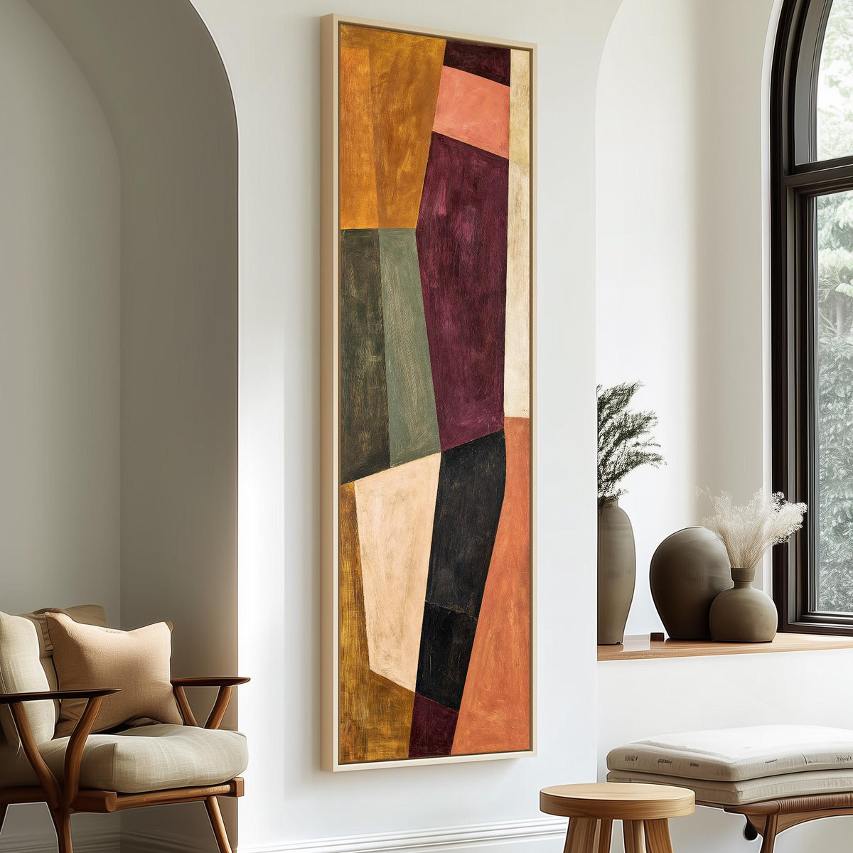 Angular blocks in mustard, maroon and blush tall skinny canvas print in a sunlit living space