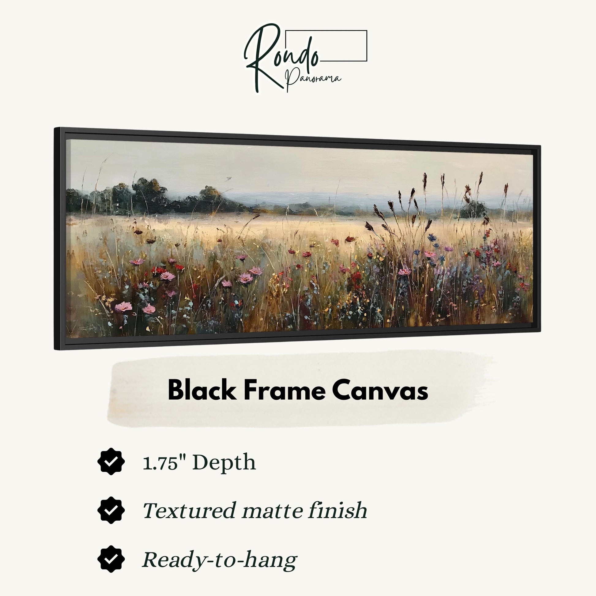 The image is a black frame canvas depicting a field of flowers with a hazy background.
