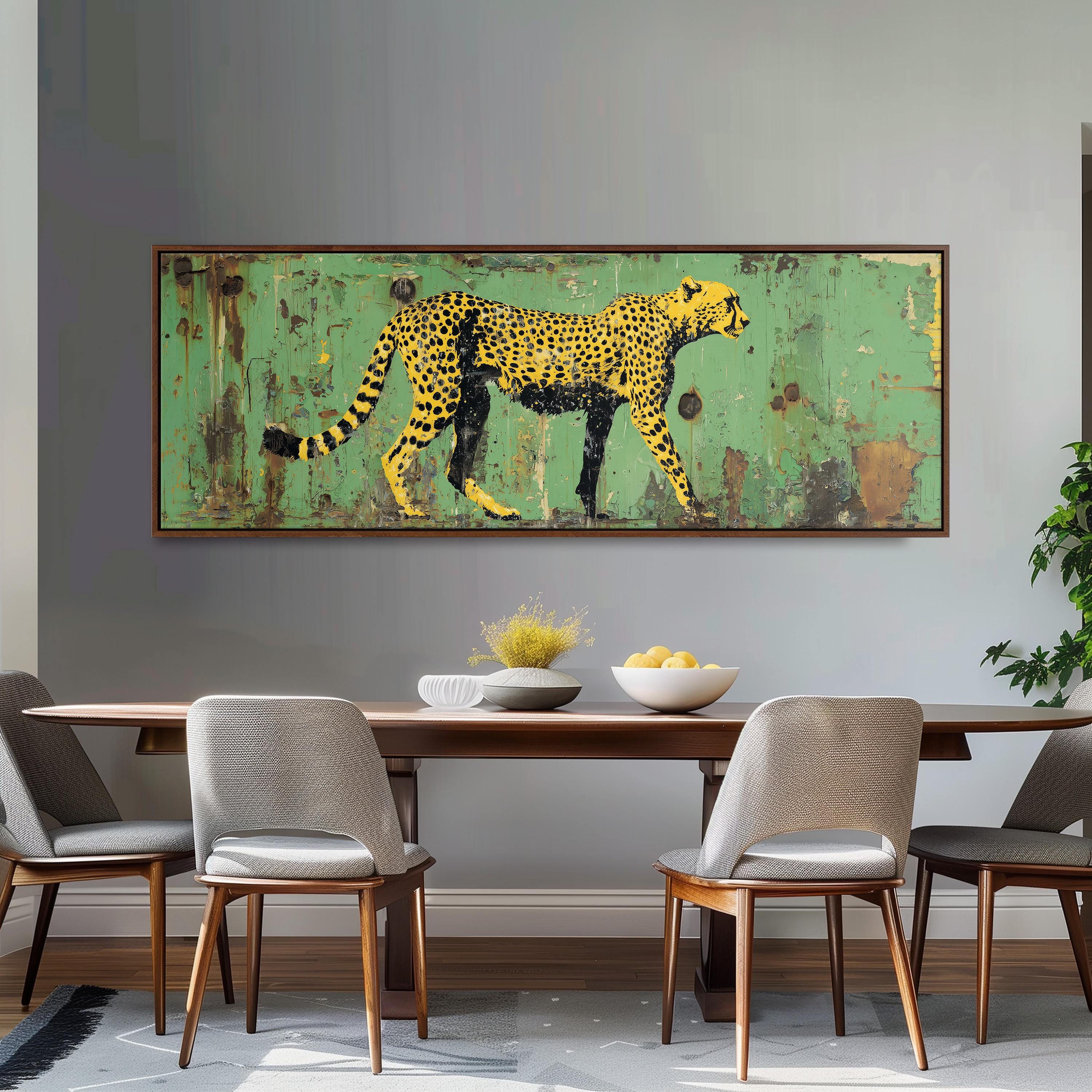 a large, framed painting of a cheetah on the wall above a wooden dining table with four chairs.