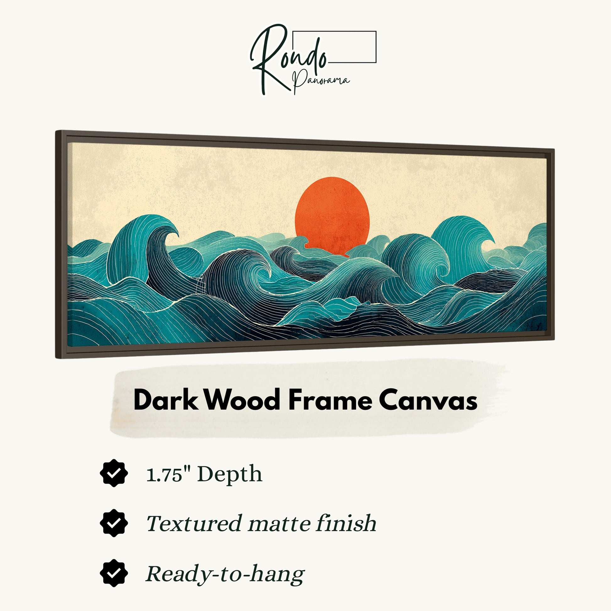 The image is a framed artwork depicting a seascape with a large orange sun in the sky, surrounded by waves and a dark wood frame.