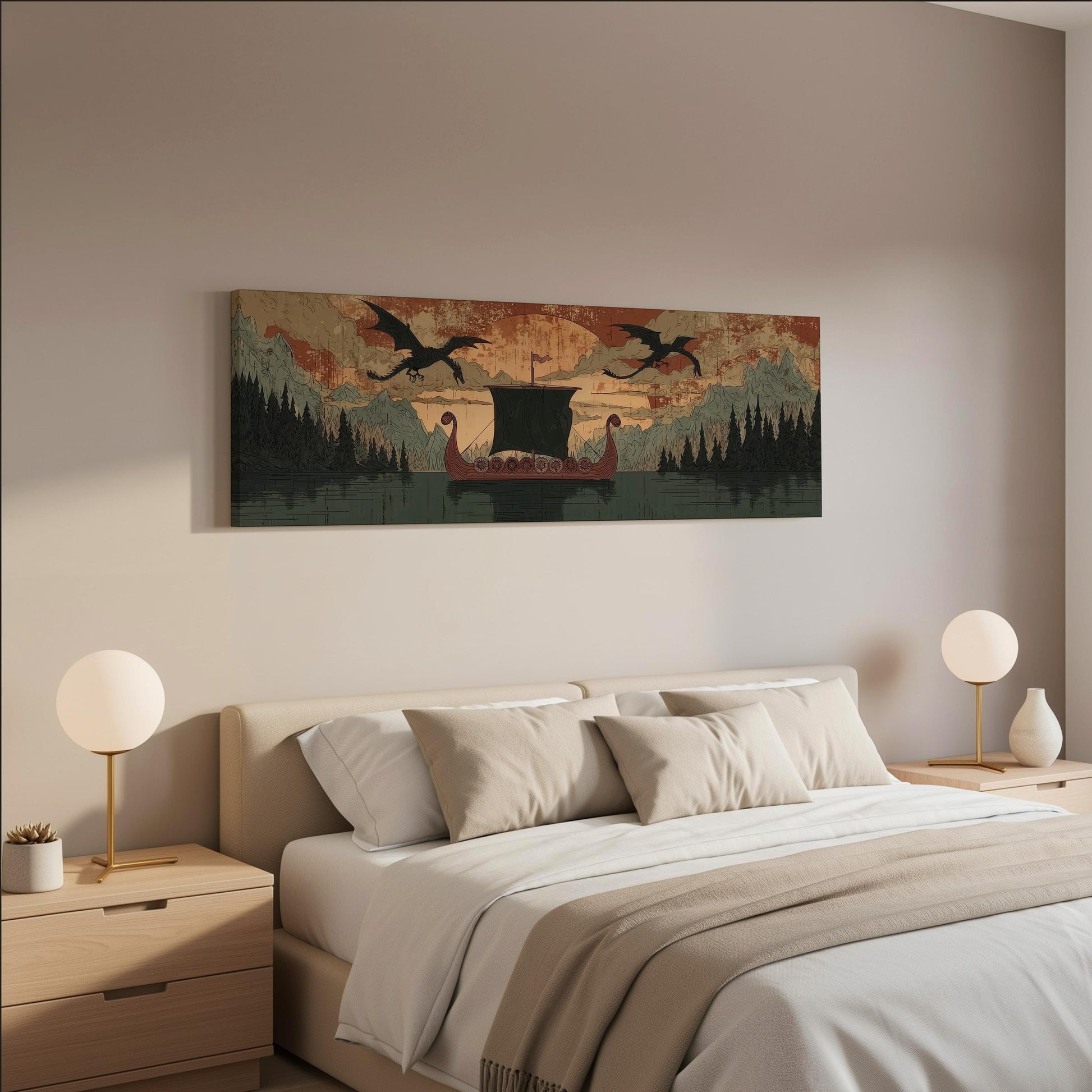 a bedroom with a large bed, two nightstands with lamps, and a painting of a ship sailing on a lake with a dragon flying above it.