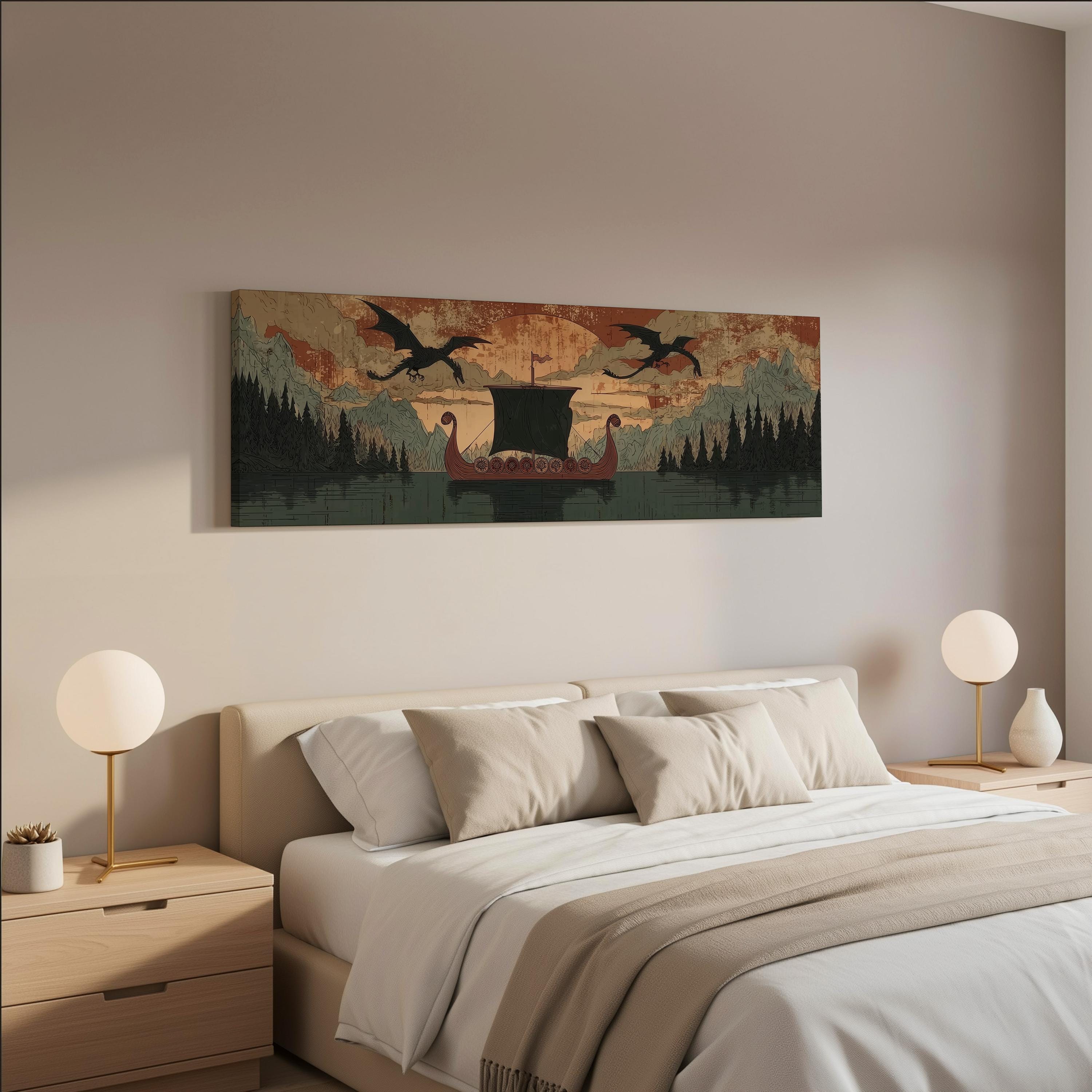a bedroom with a large bed, two nightstands with lamps, and a painting of a ship sailing on a lake with a dragon flying above it.