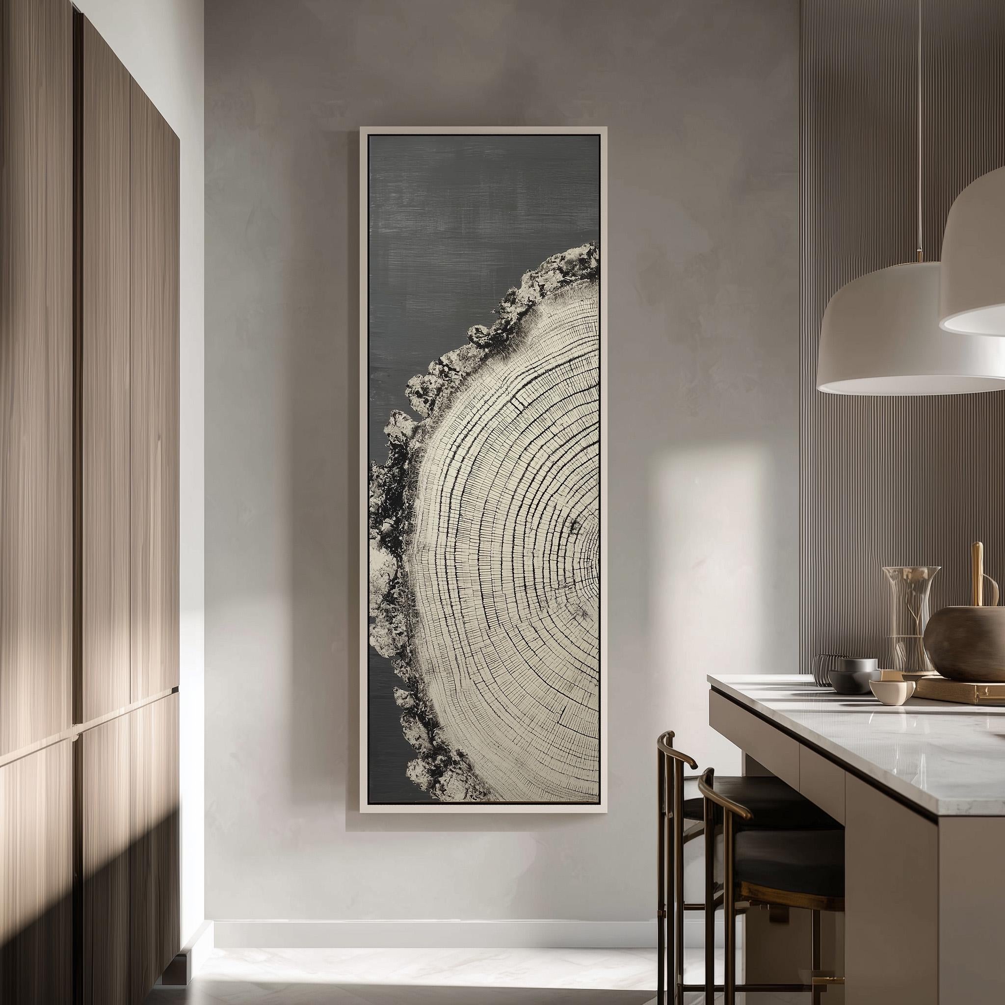 a modern kitchen with a large framed artwork of a tree trunk on the wall, creating a natural and rustic atmosphere.