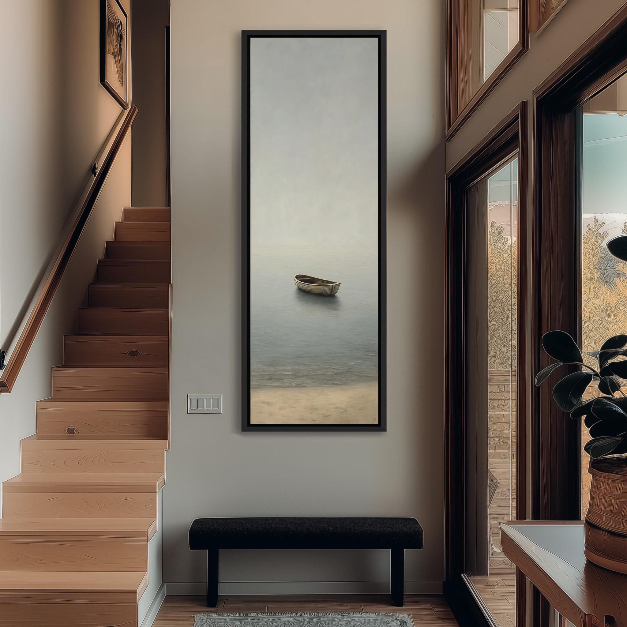 a serene indoor setting with a large painting of a boat on the wall, a wooden staircase, a black bench, and a window overlooking a beach.