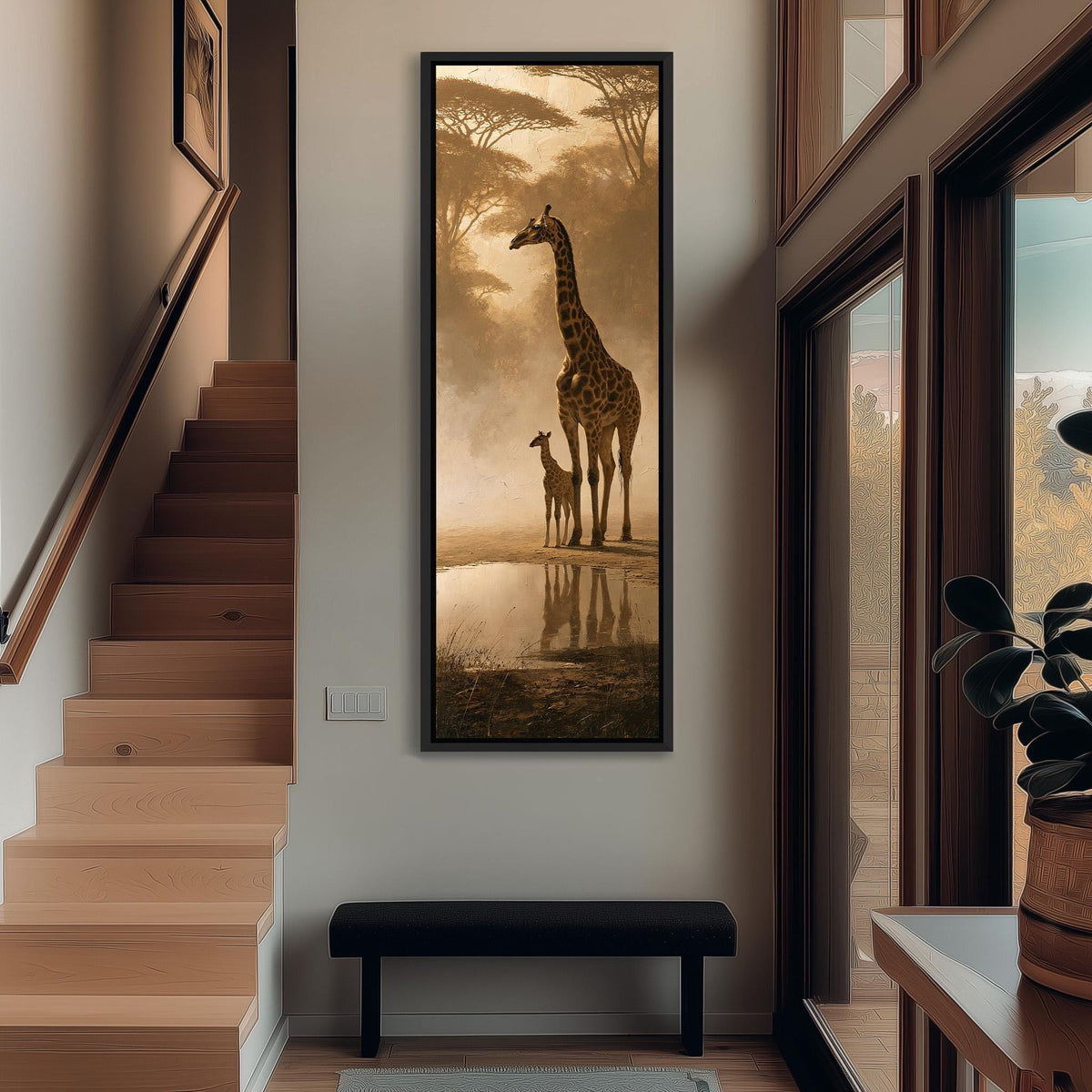 Giraffe and calf at a misty waterhole tall narrow canvas print beside a staircase in an entryway