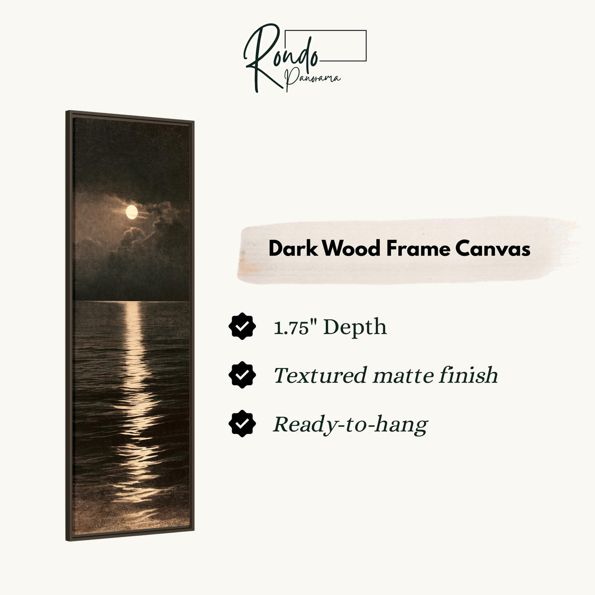 Moonlight reflecting on a dark sepia ocean canvas print in a dark wood floating frame