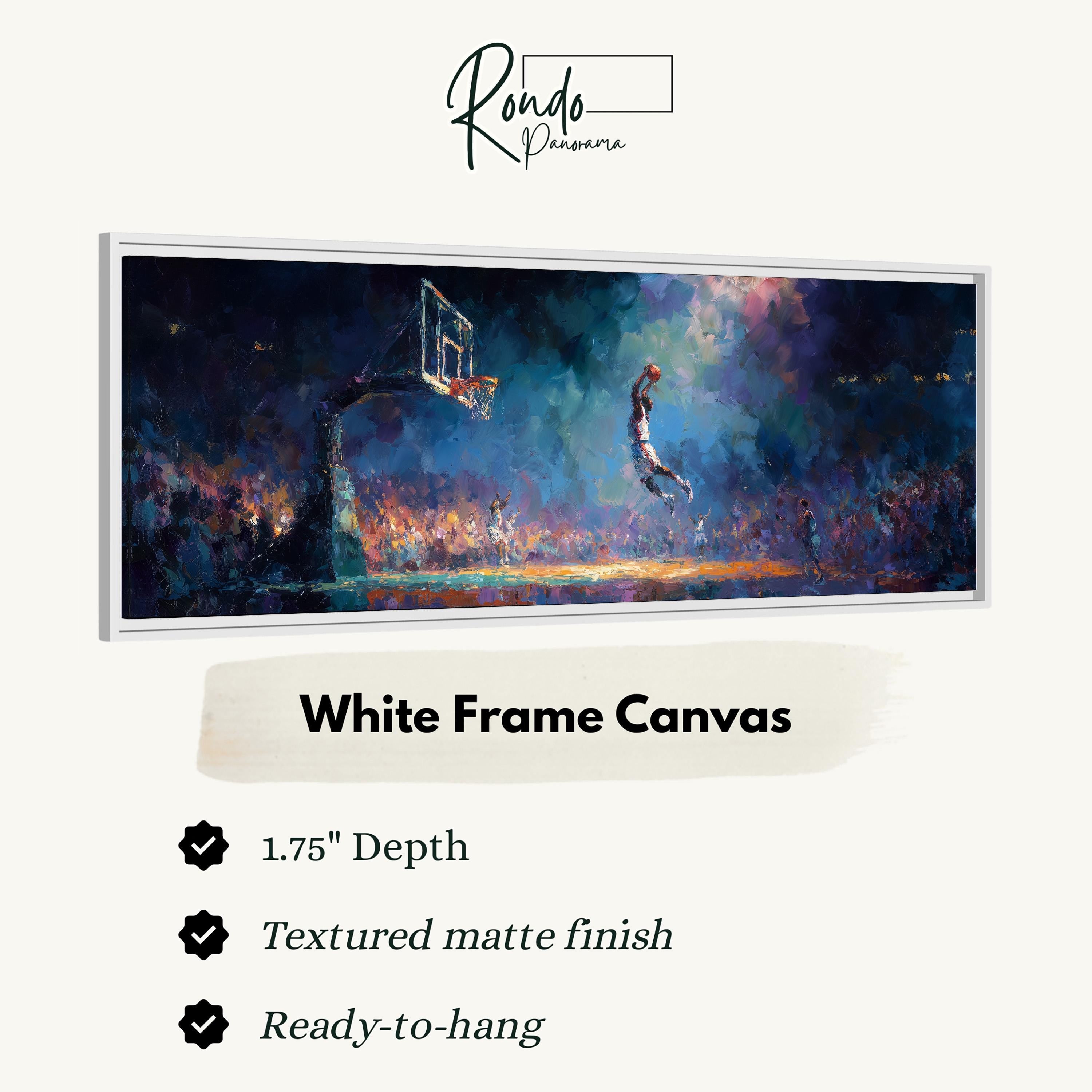 The image is a framed canvas depicting a basketball player jumping to score a basket during a game.