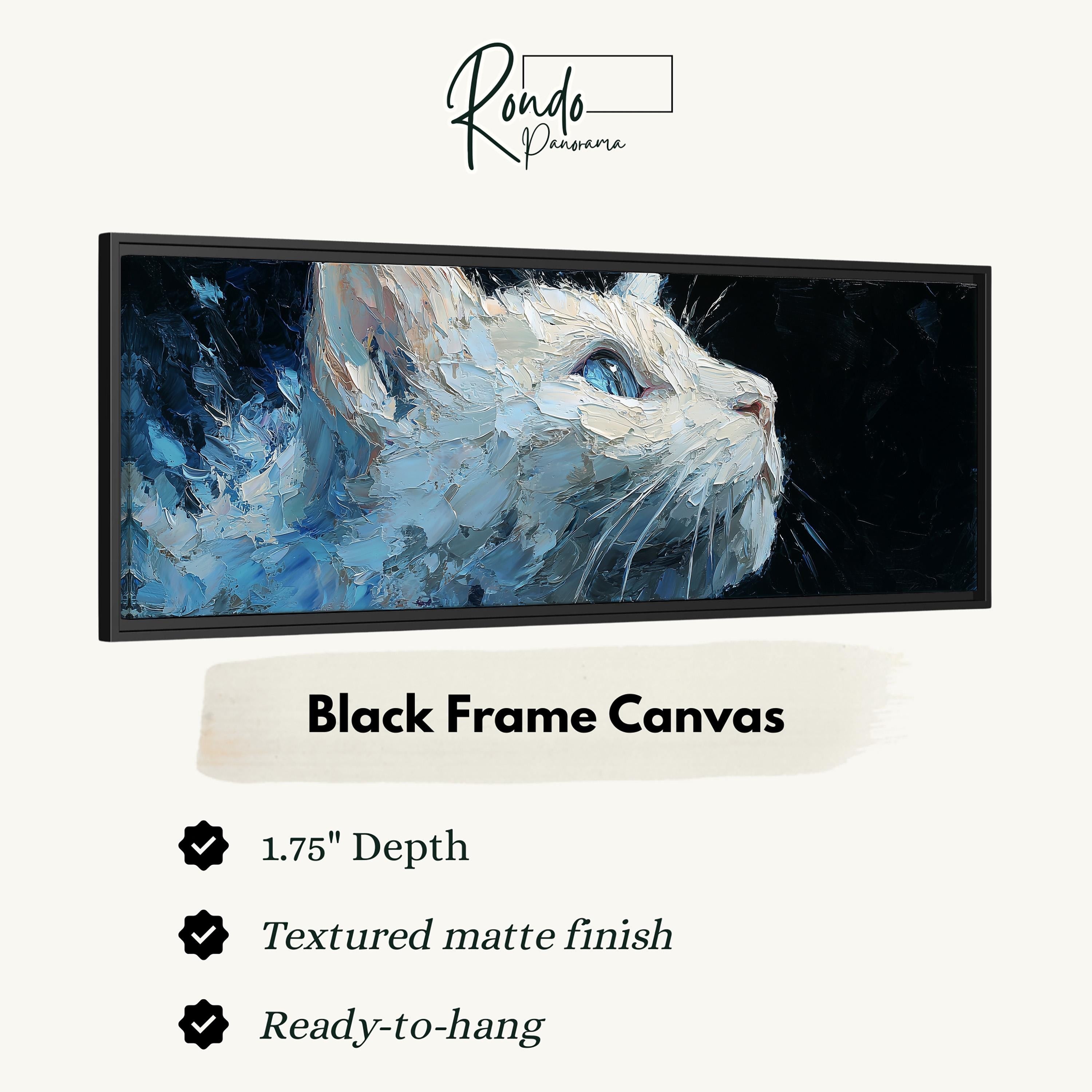 The image is a black frame canvas depicting a close-up of a white cat's face with a blue background.