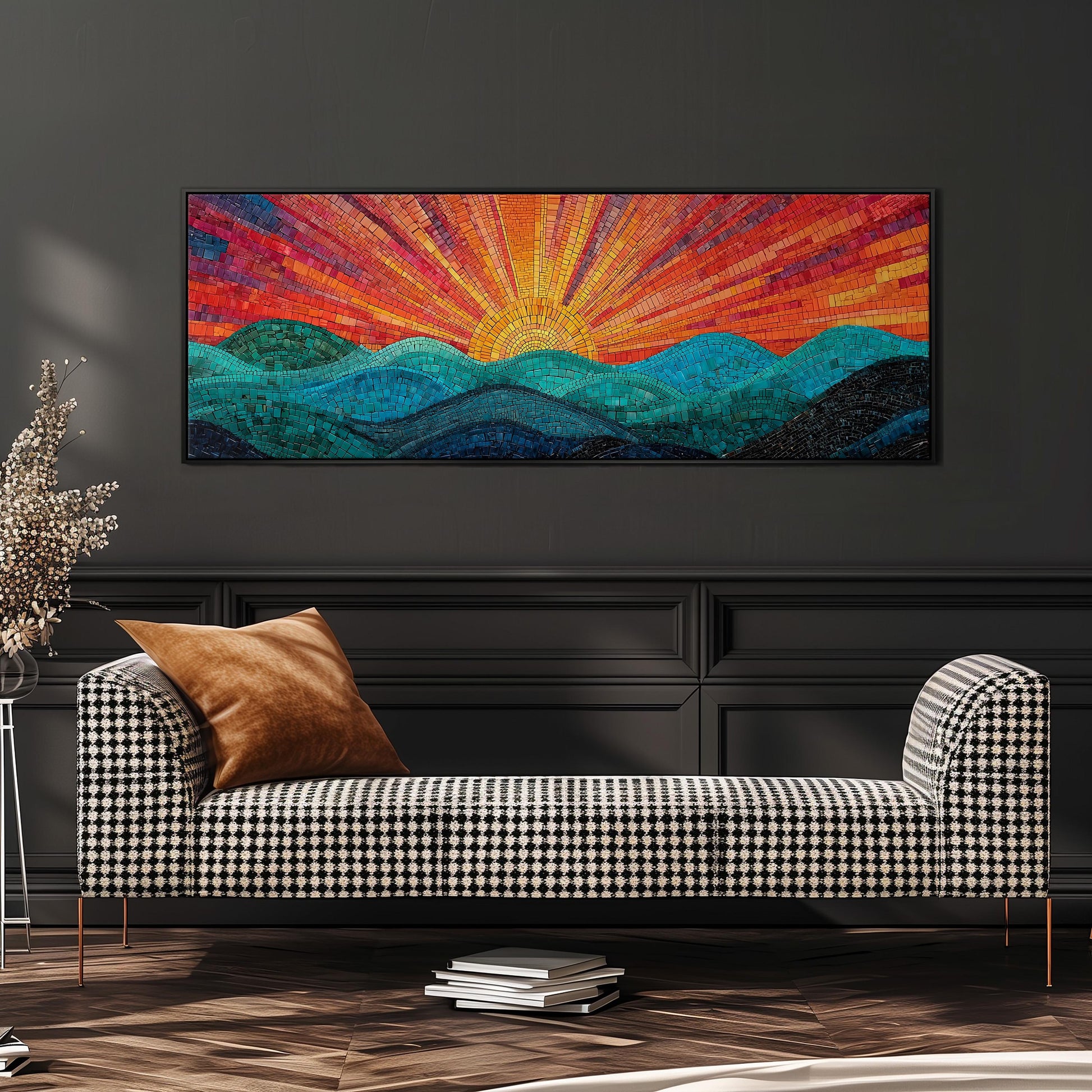 a large, colorful mosaic artwork depicting a sunrise over a mountain landscape, hanging on a wall above a black and white checkered sofa.