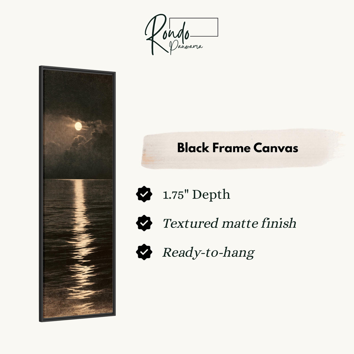 Moonlight reflecting on a dark sepia ocean canvas print in a black floating frame