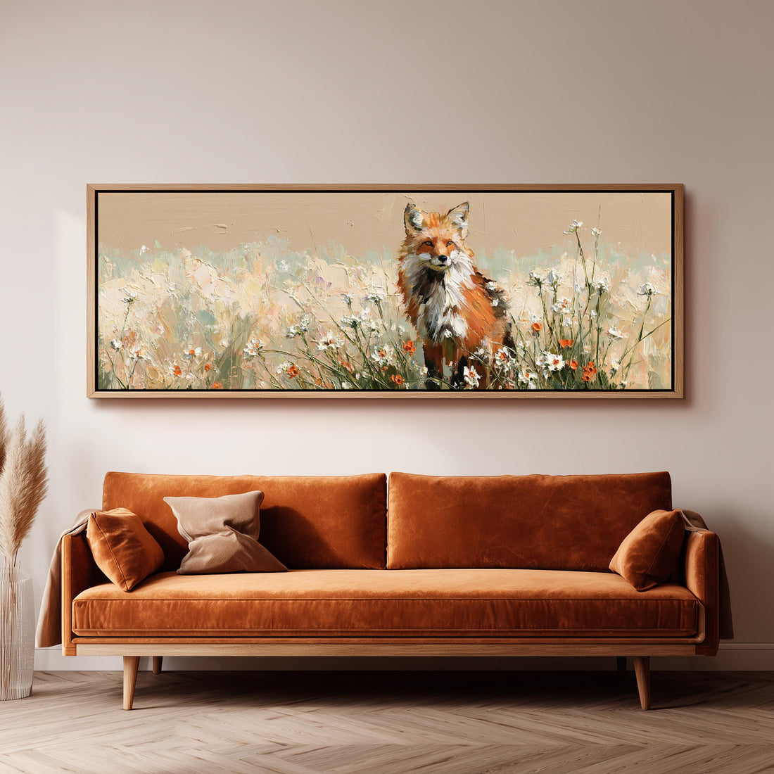Red fox sitting among white wildflowers long horizontal canvas print above a sofa in a living room