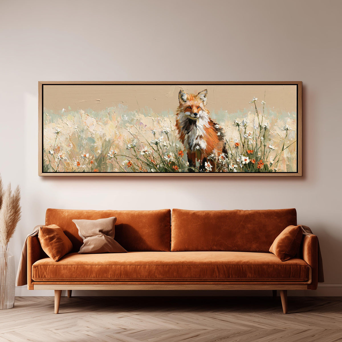 Red fox sitting among white wildflowers panoramic canvas print above a sofa in a living room