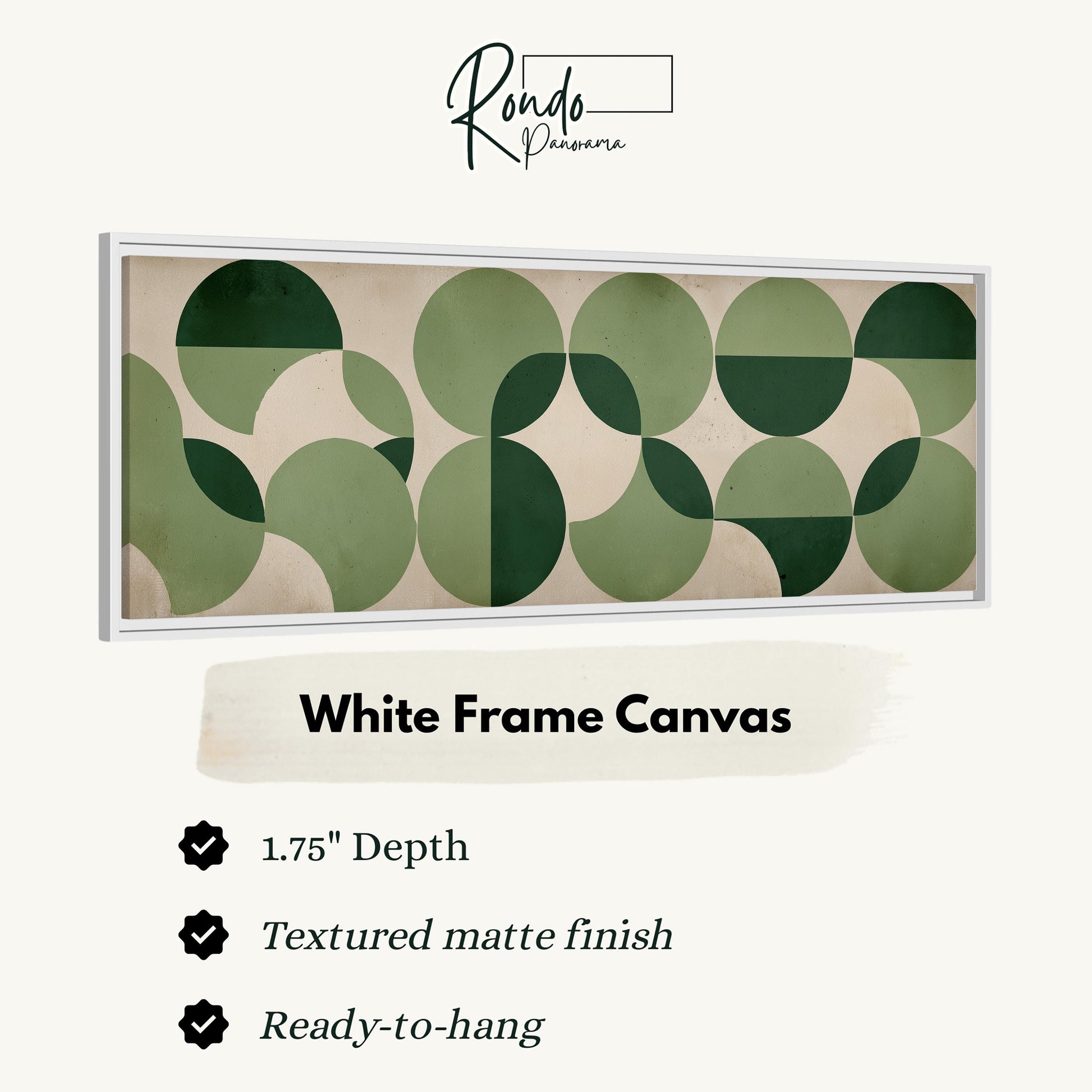 The image is a framed artwork featuring a geometric design with green circles and a beige background.