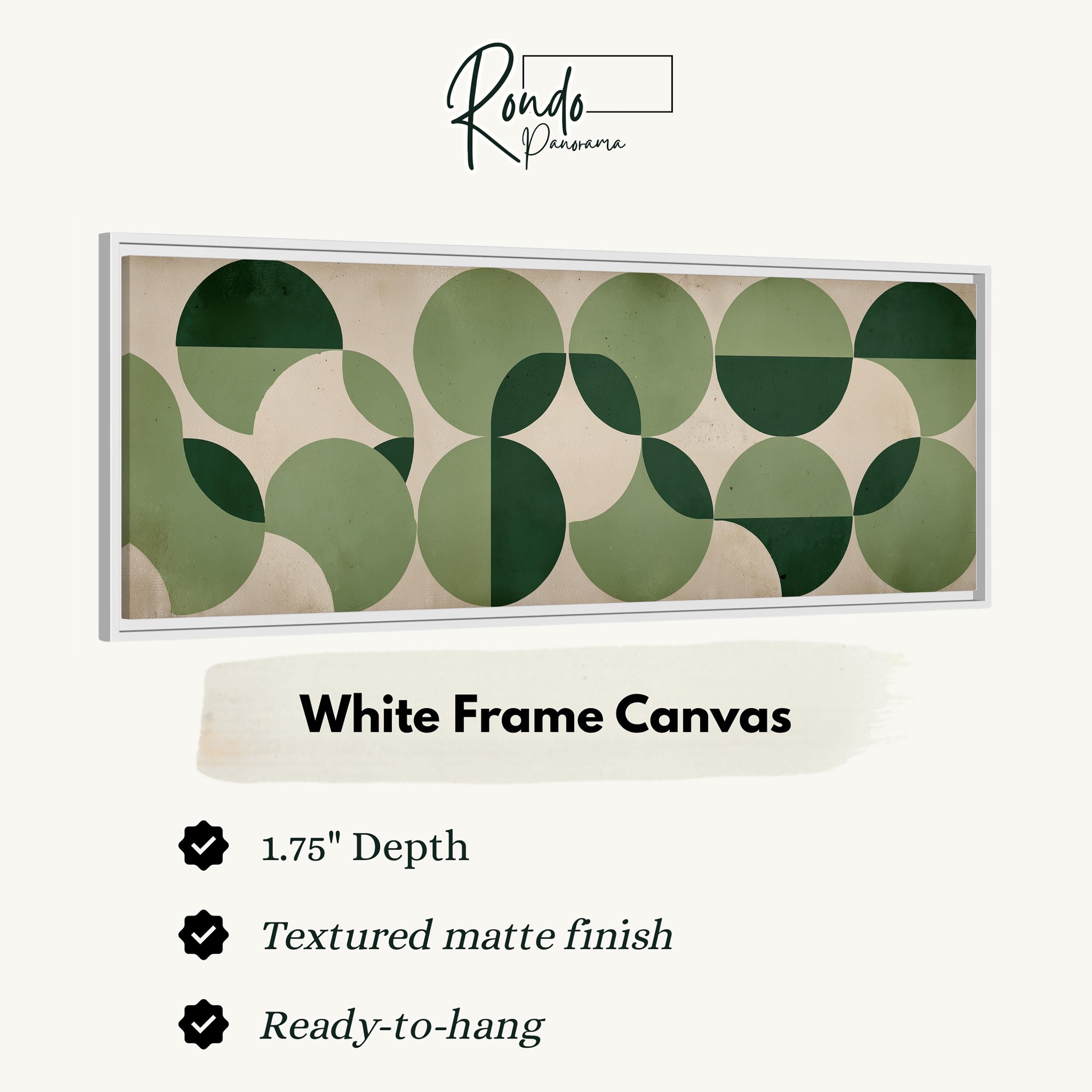 The image is a framed artwork featuring a geometric design with green circles and a beige background.