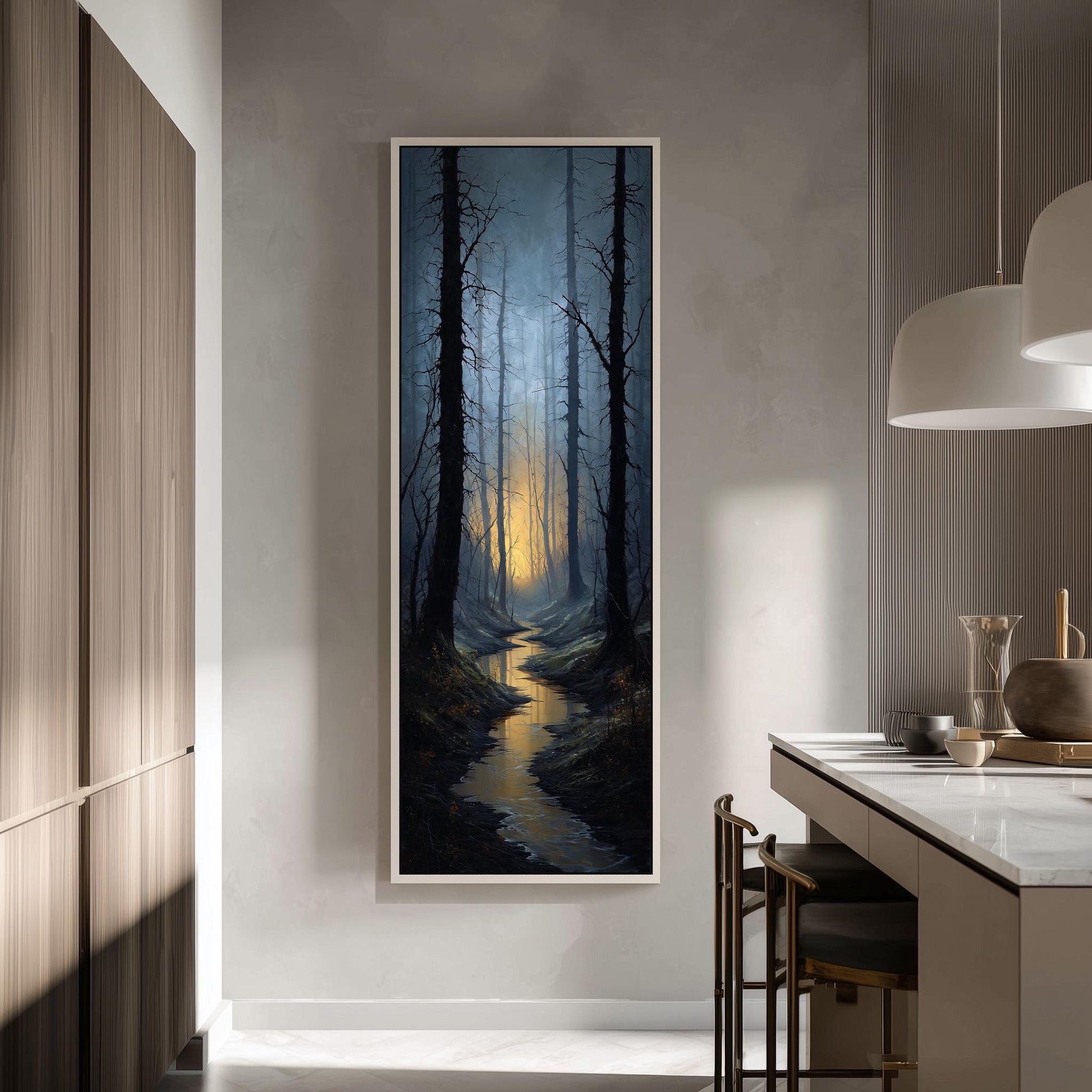 a large, framed painting of a forest scene hanging on a wall in a modern, minimalist kitchen.
