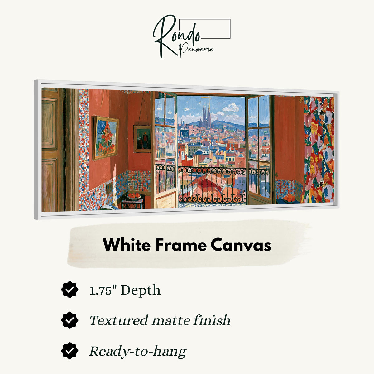 Barcelona seen through an open window canvas print in a white floating frame