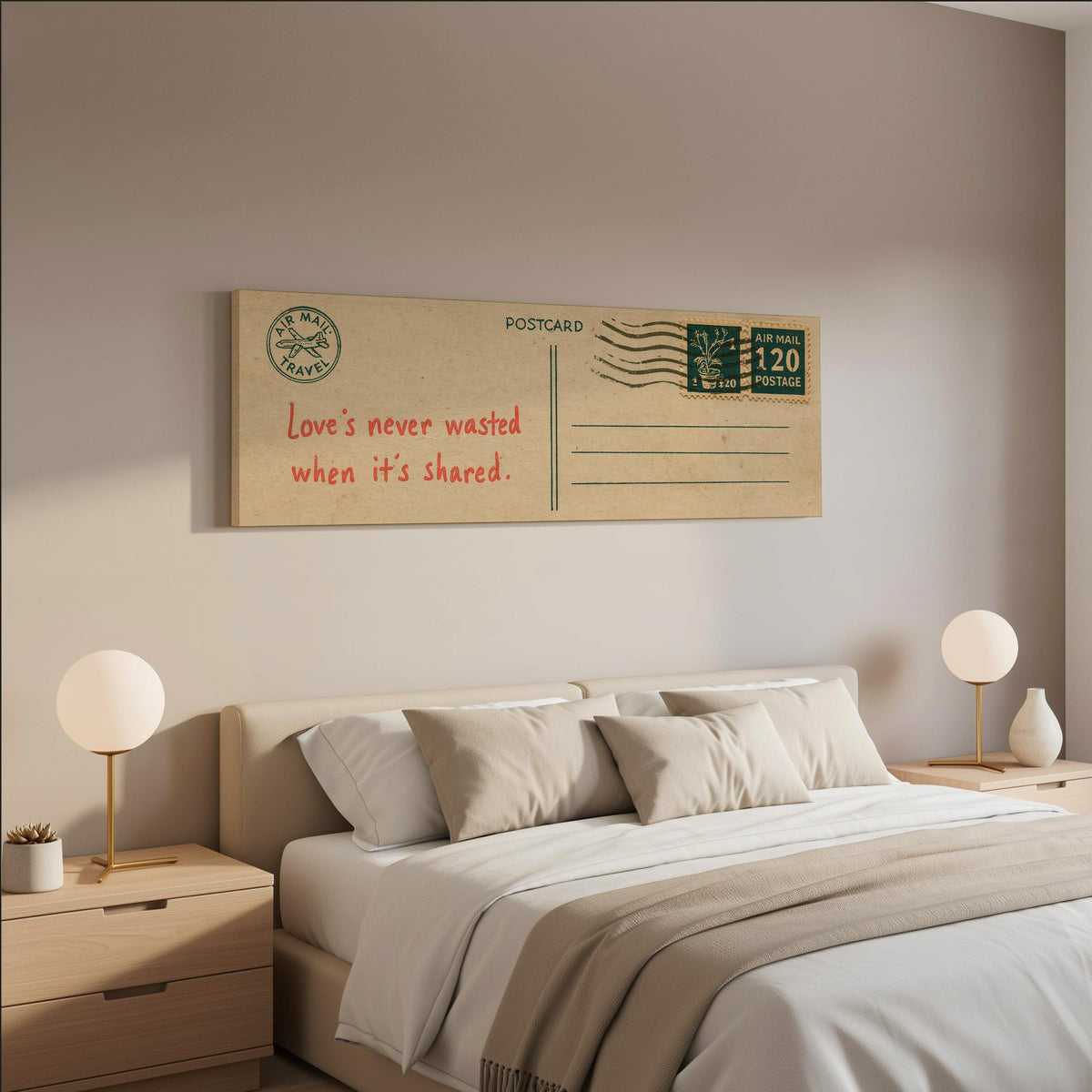 Vintage postcard with a love quote wide panoramic canvas print above a bed in a neutral bedroom