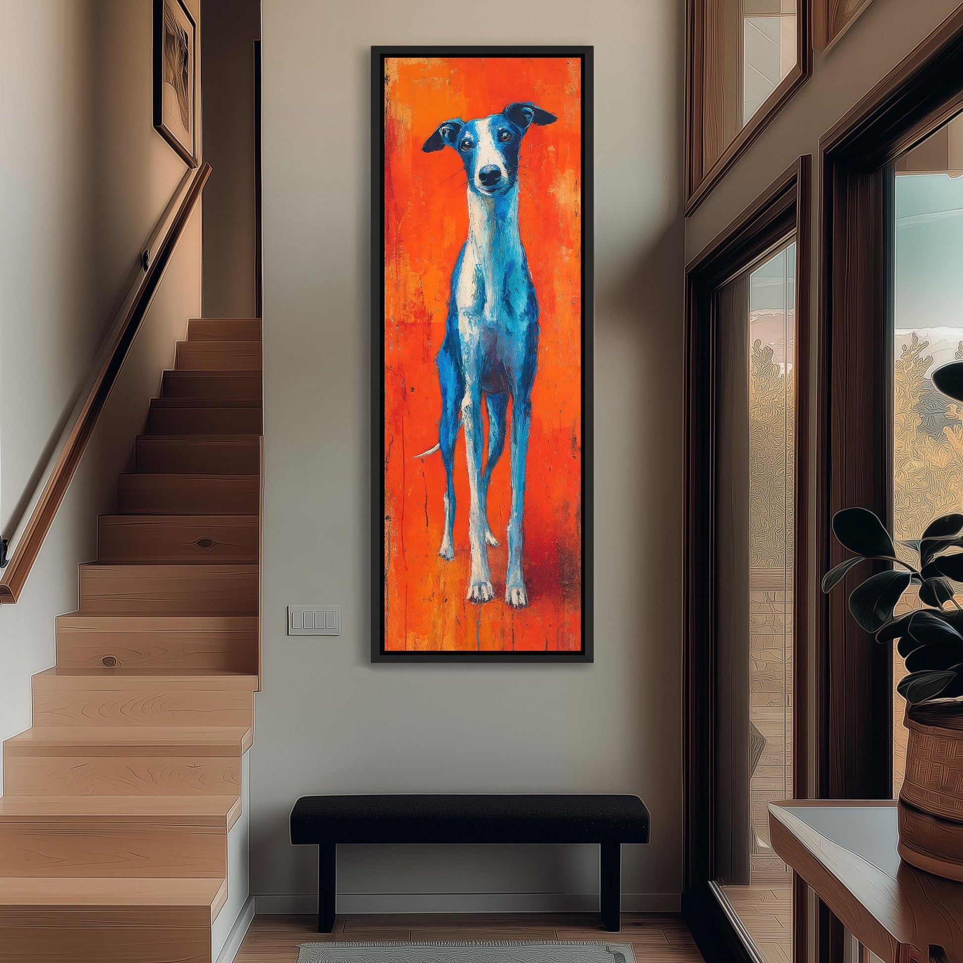 a large, colorful painting of a dog hanging on the wall of a hallway.