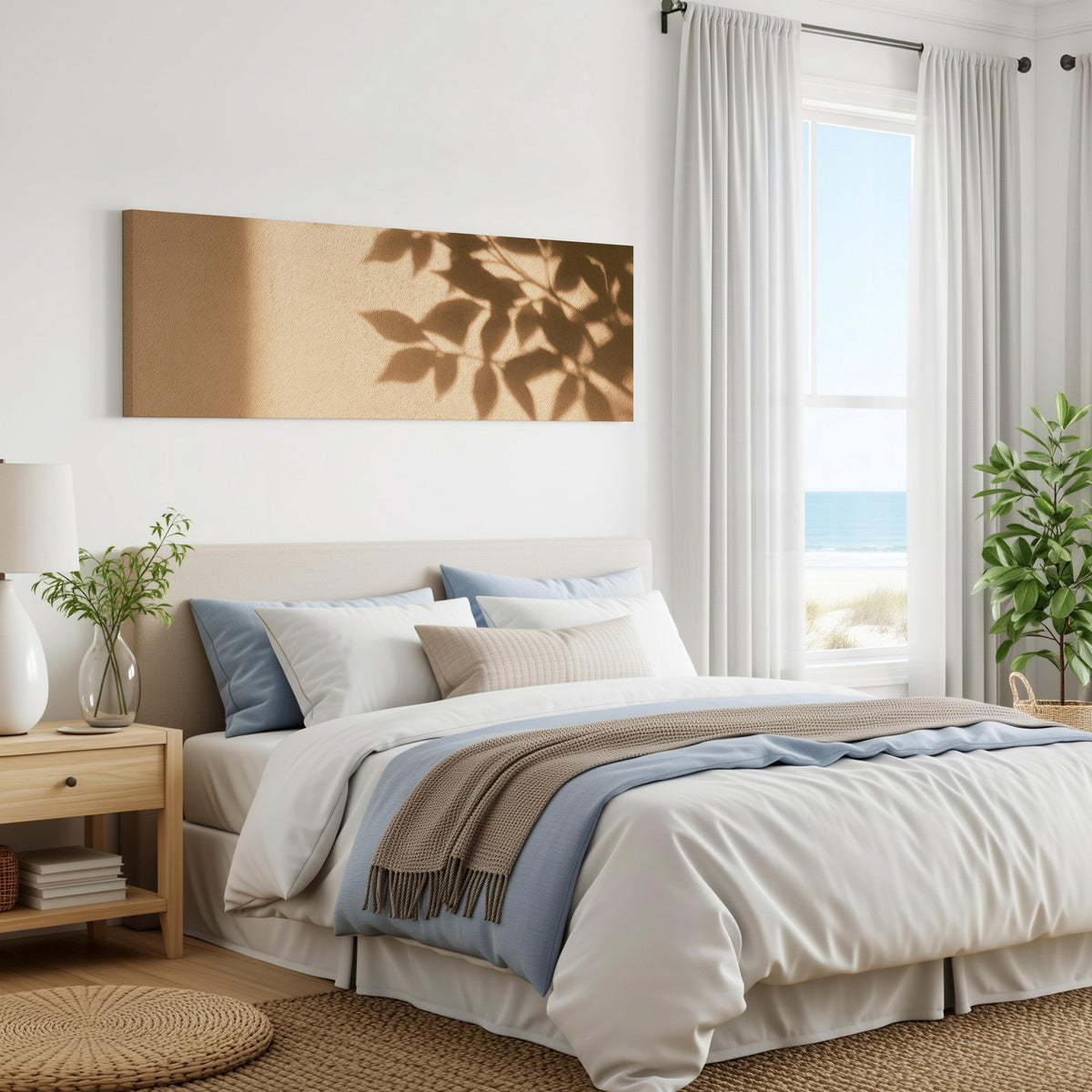 Leaf shadows on a golden plaster wall panoramic canvas print above a bed in a coastal bedroom