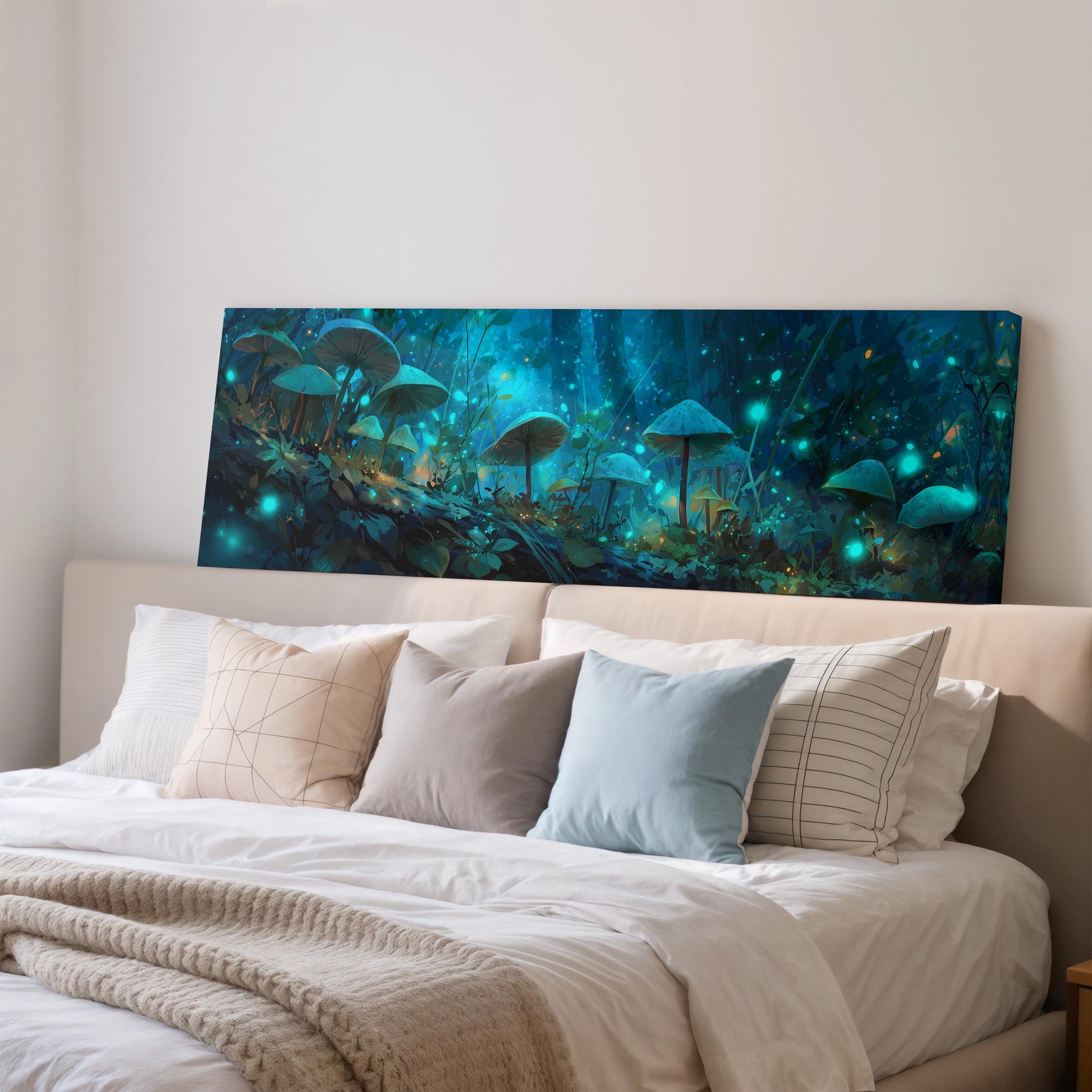a large, colorful painting of mushrooms and a forest scene hanging on a wall above a bed with white pillows and a gray blanket.