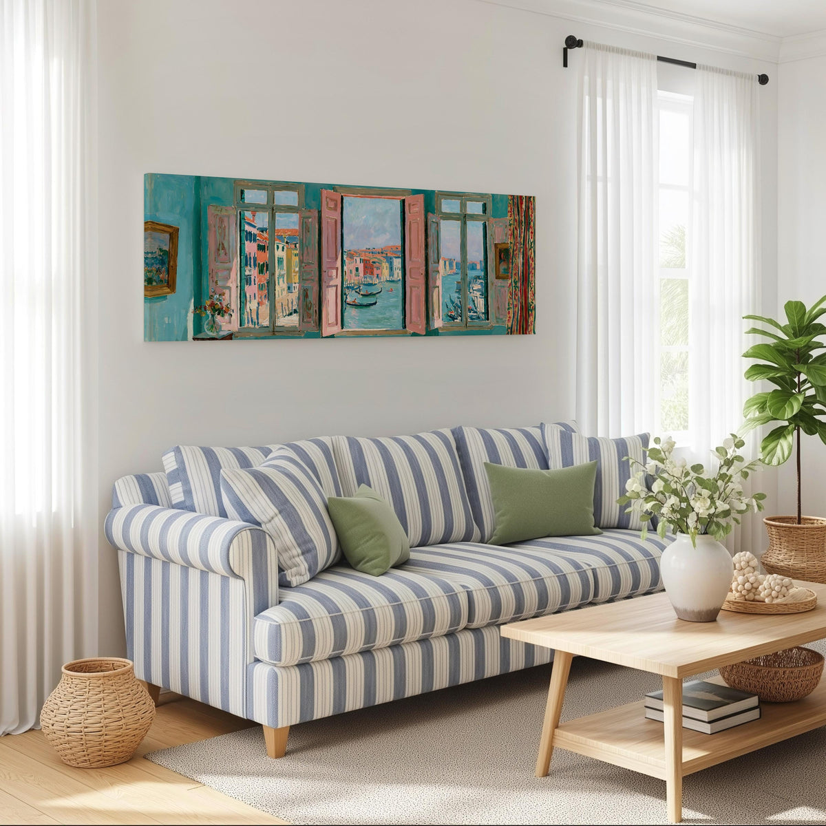 Venice canal and gondolas through a window long horizontal canvas print above a striped sofa in a coastal living room