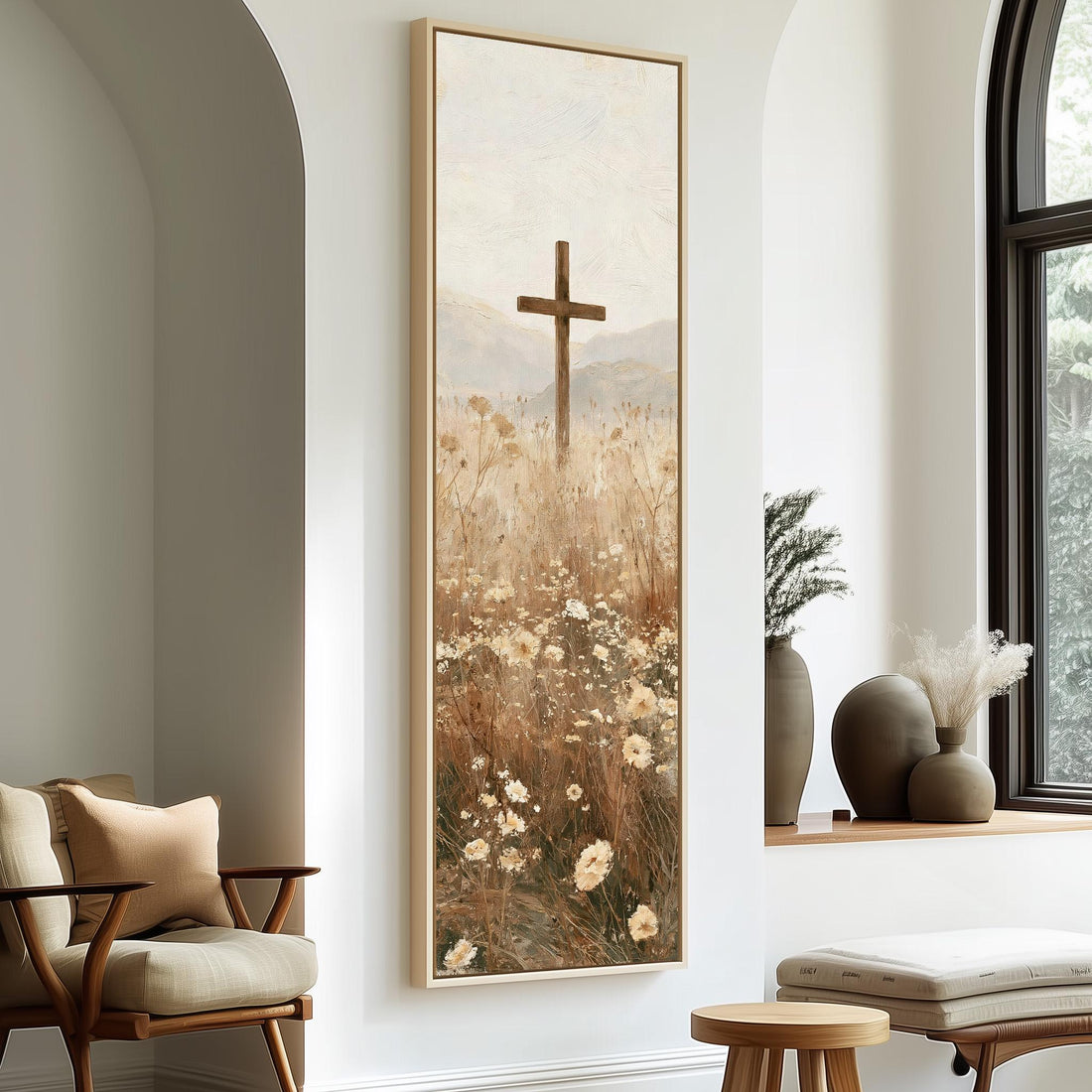 Wooden cross in a daisy field long vertical canvas print in a sunlit living space