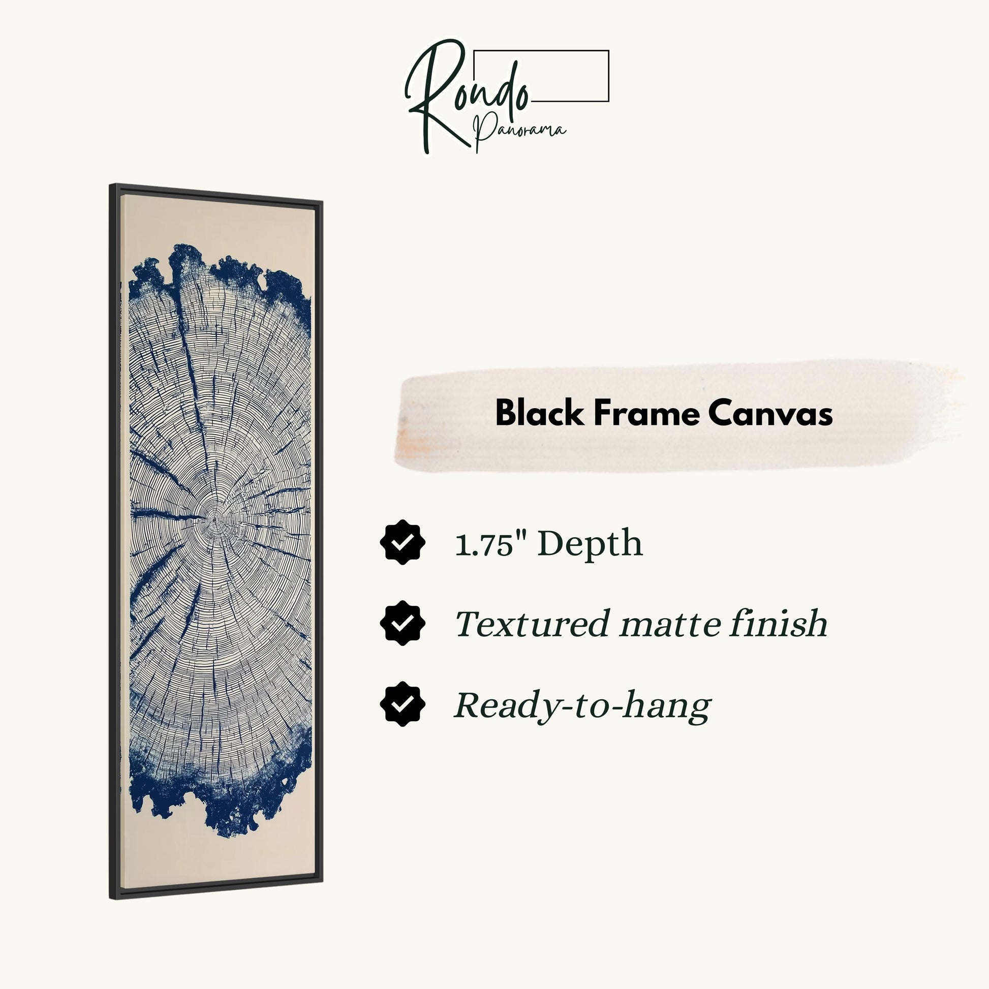 The image is a black frame canvas with a tree trunk design, and it is described as a 1.75" depth canvas with a textured matte finish and a ready-to-hang feature.