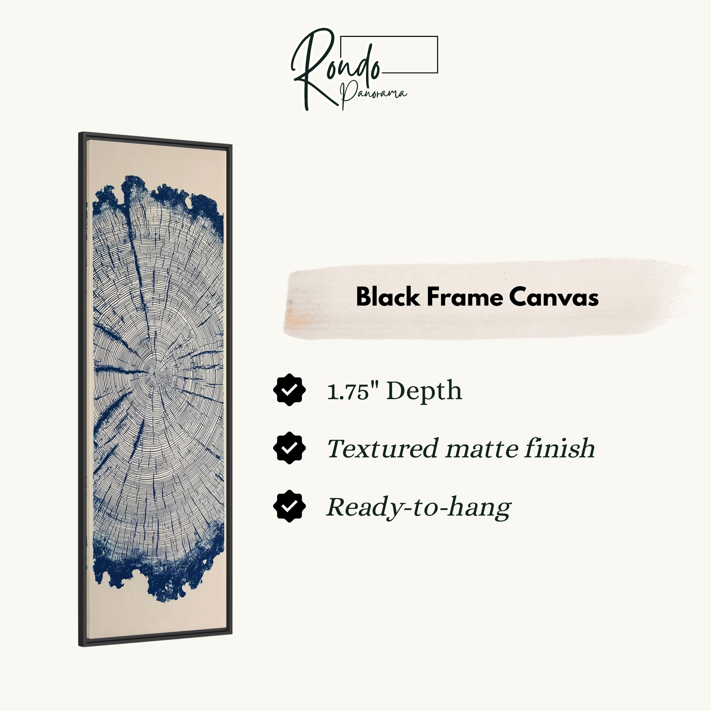 The image is a black frame canvas with a tree trunk design, and it is described as a 1.75" depth canvas with a textured matte finish and a ready-to-hang feature.
