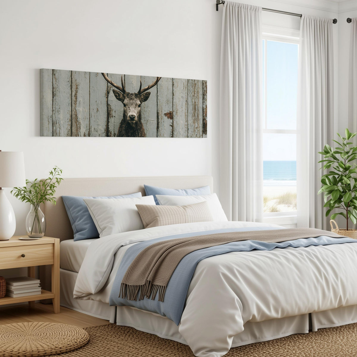 Monochrome stag on barn wood panoramic canvas print above a bed in a coastal bedroom