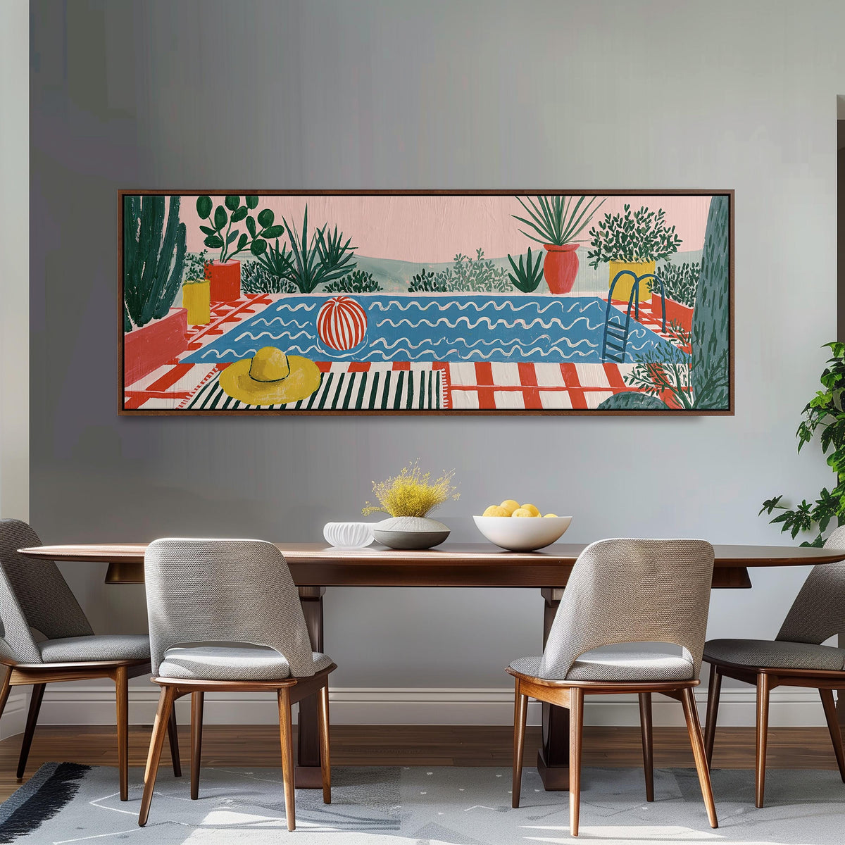 Colorful poolside courtyard long horizontal canvas print above a dining table