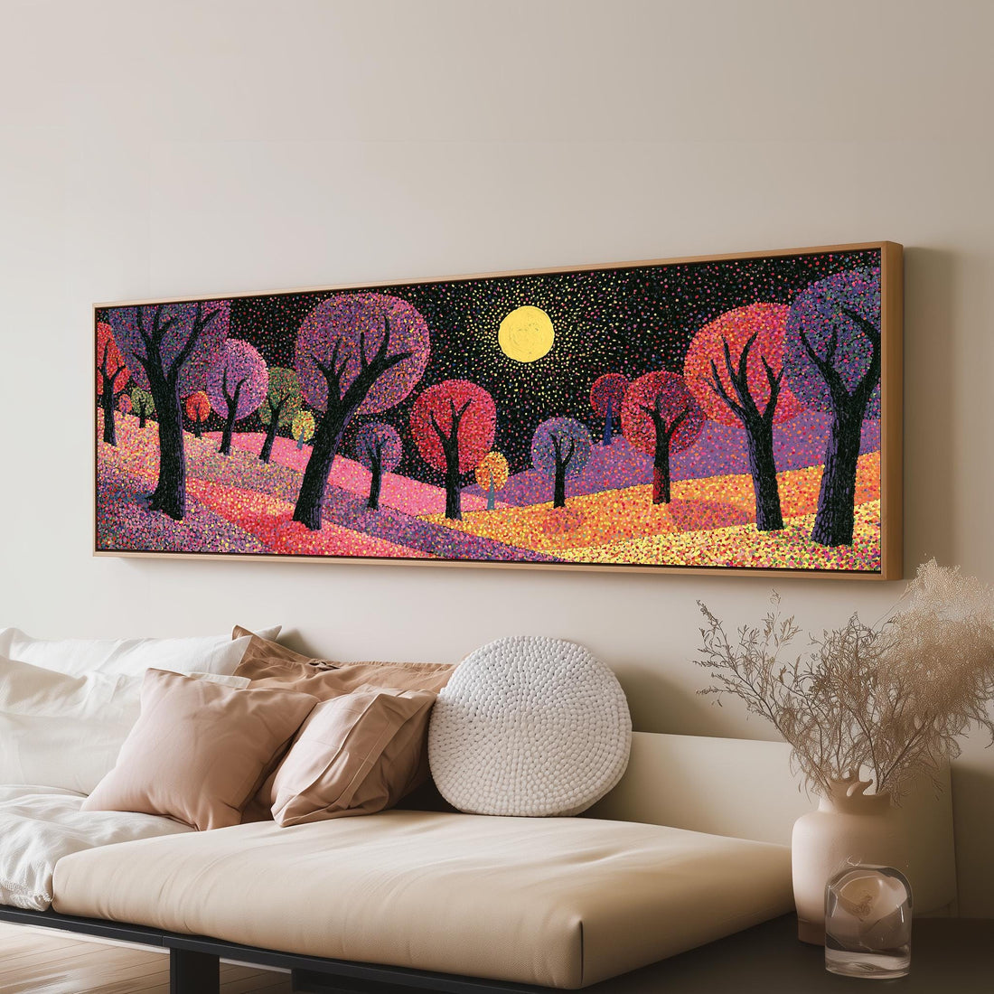 Purple dusk forest under the moon long horizontal canvas print above a sofa in a living room
