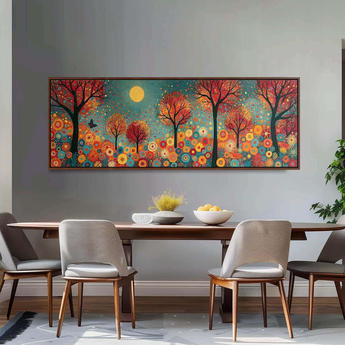 Folk art autumn forest with flowers long horizontal canvas print above a dining table
