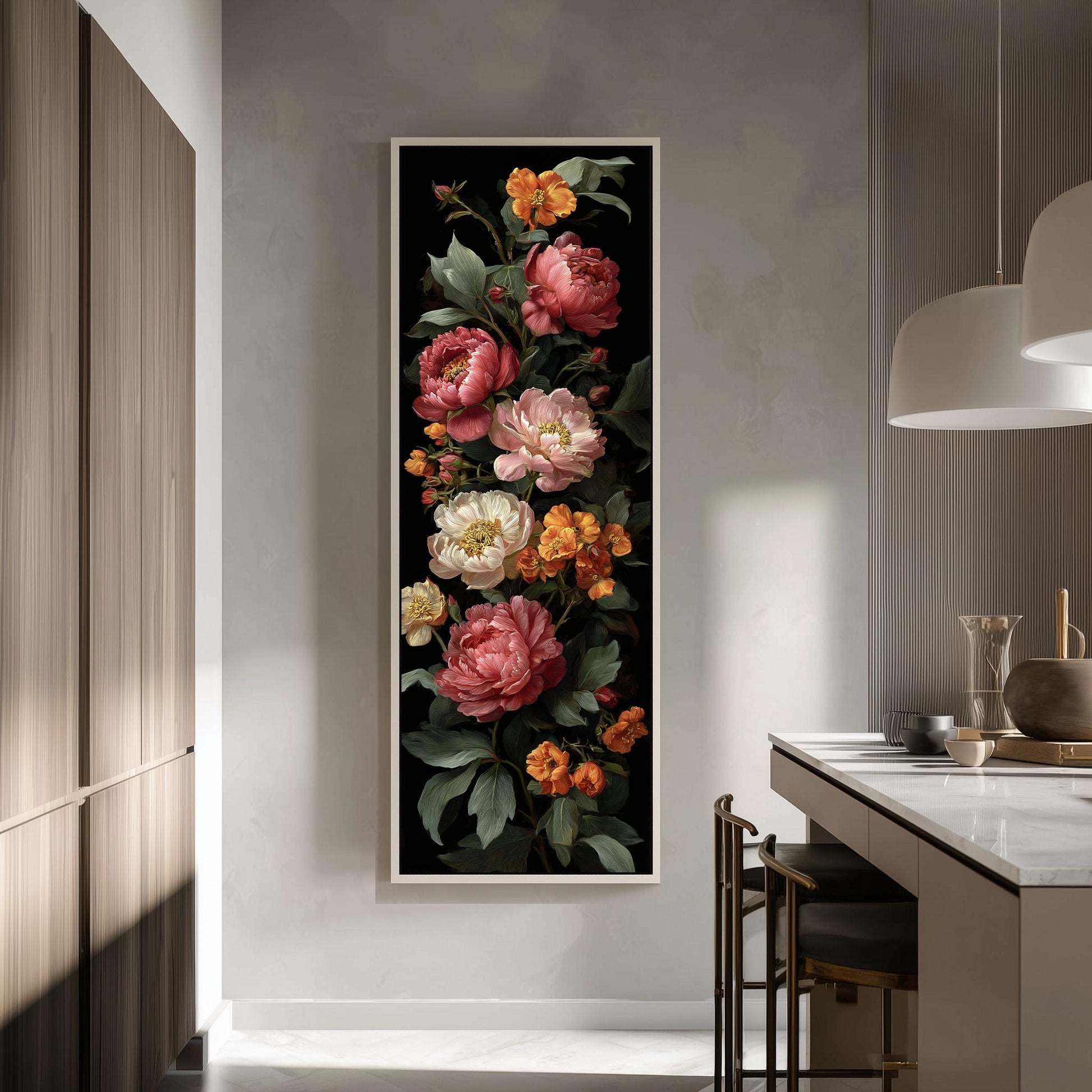a large floral painting hanging on a wall, depicting a vibrant arrangement of pink, white, and orange flowers.
