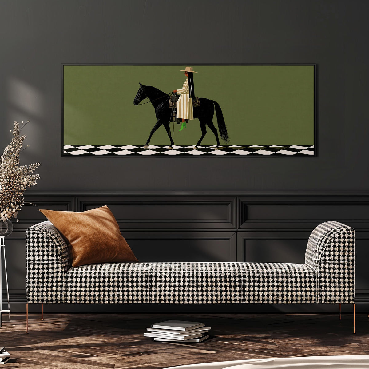 Woman riding a black horse on a checkerboard wide panoramic canvas print above a bench in a dark living room