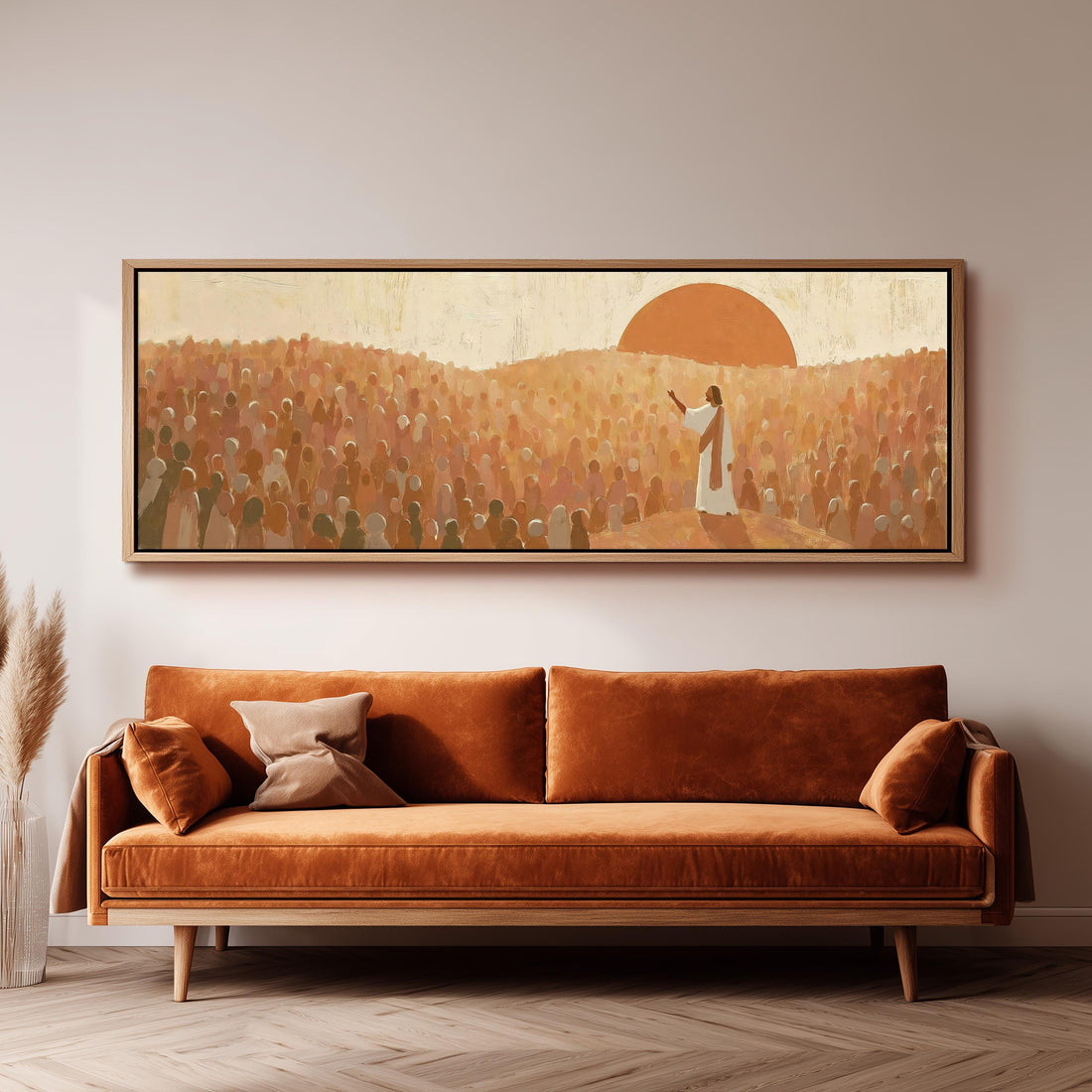 Jesus preaching to a crowd at sunset long horizontal canvas print above a sofa in a living room