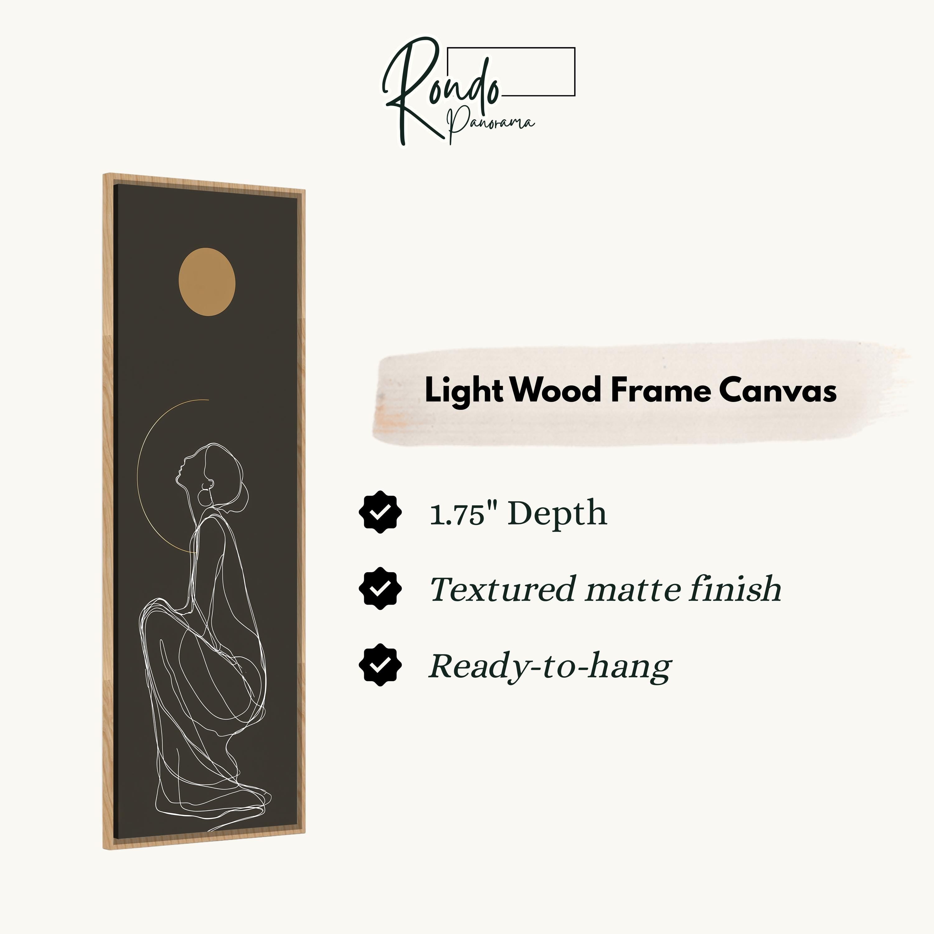 The image is a product description for a light wood frame canvas. It features a black and white line drawing of a woman sitting on a bench, with a gold circle above her head. The description highlights the dimensions of the frame, the finish of the canvas, and its readiness to hang.