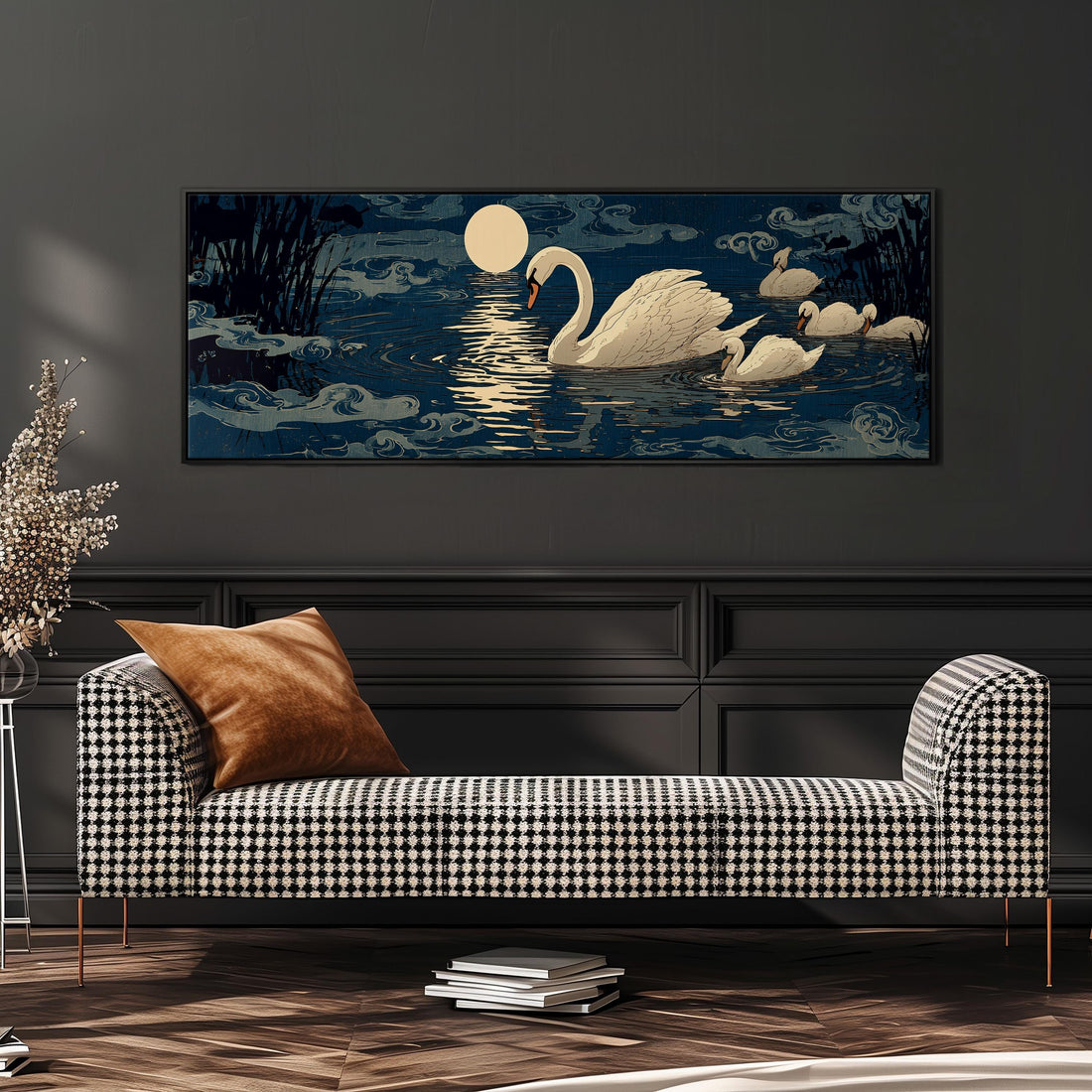 a large painting of swans swimming in a lake at night, hanging on a wall above a black and white checkered sofa.