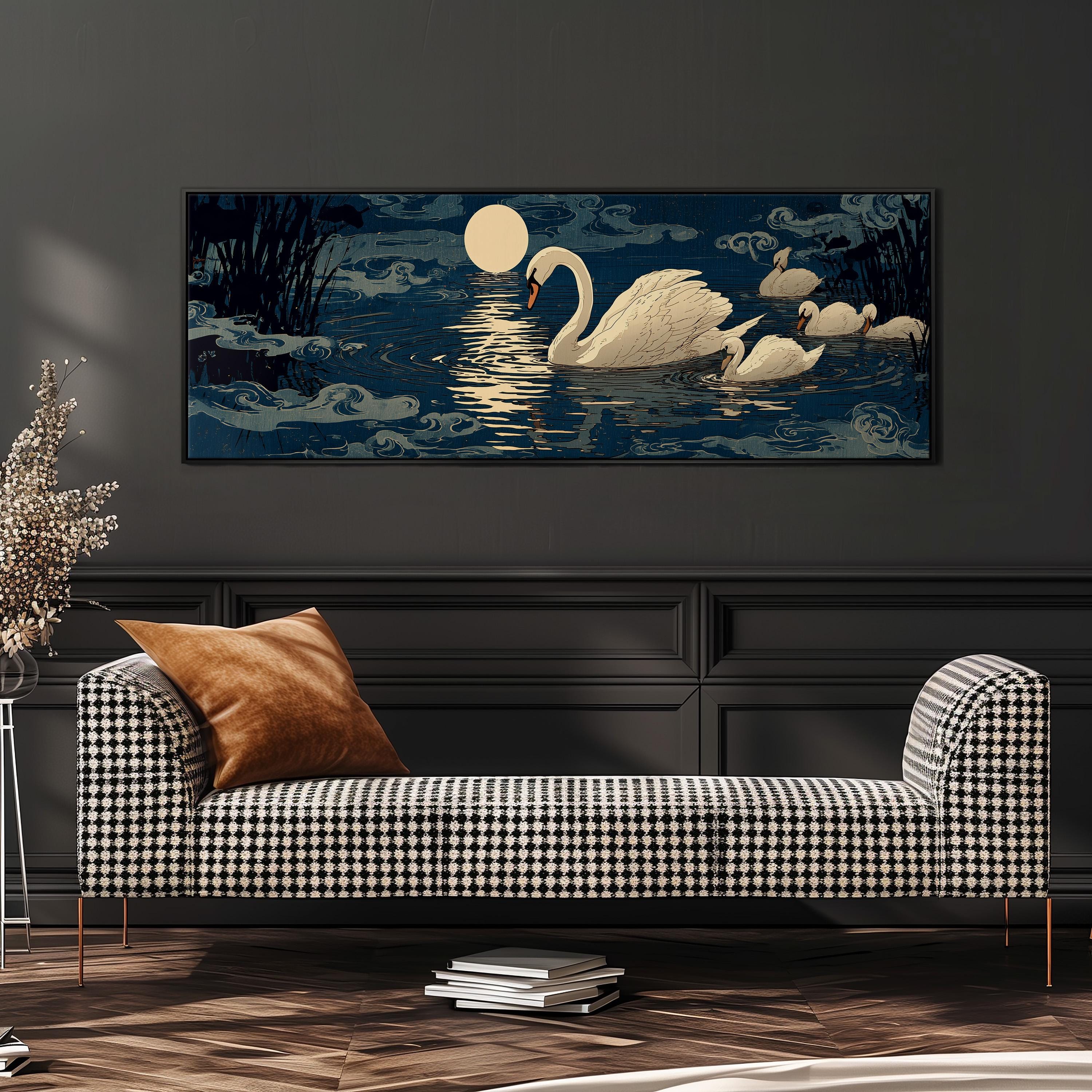 a large painting of swans swimming in a lake at night, hanging on a wall above a black and white checkered sofa.
