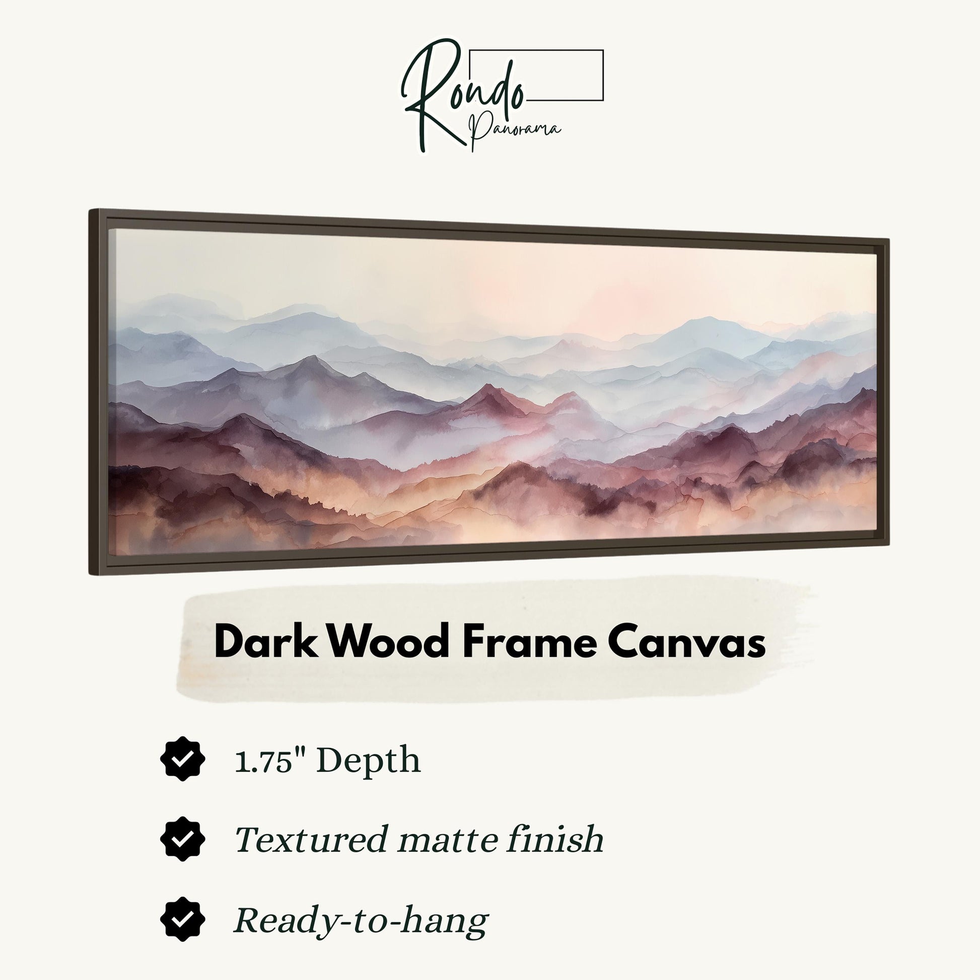 The image is a framed artwork depicting a scenic mountain landscape with a watercolor painting style.