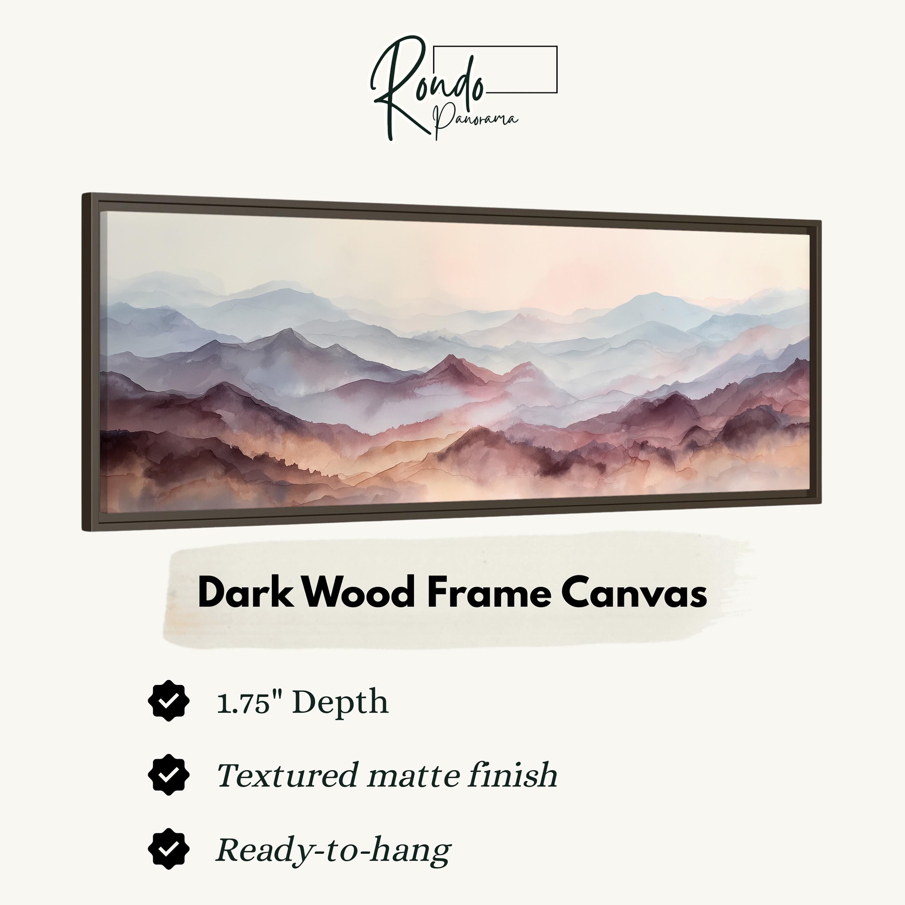 The image is a framed artwork depicting a scenic mountain landscape with a watercolor painting style.