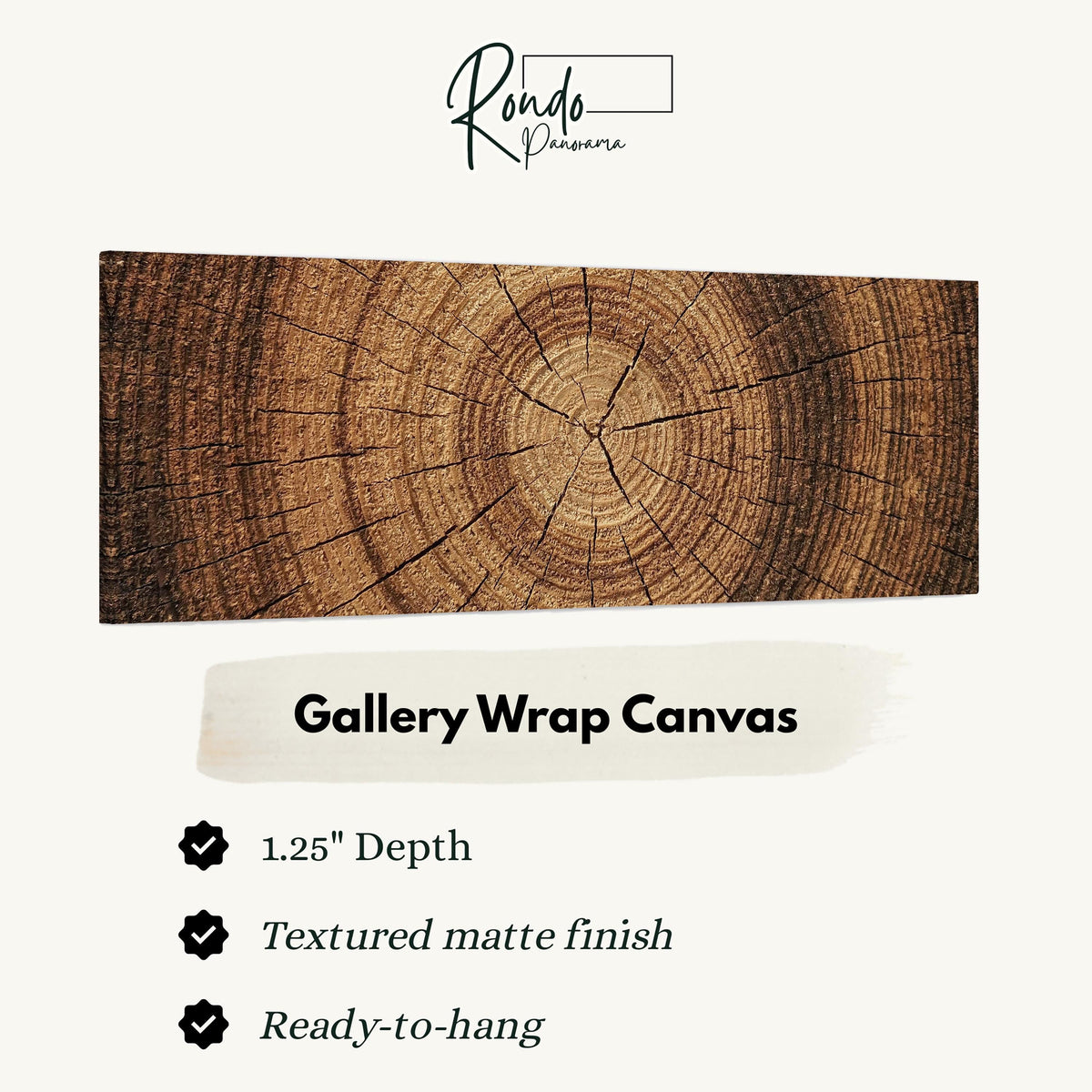 Warm oak wood ring gallery wrap canvas with the image wrapped around the edges